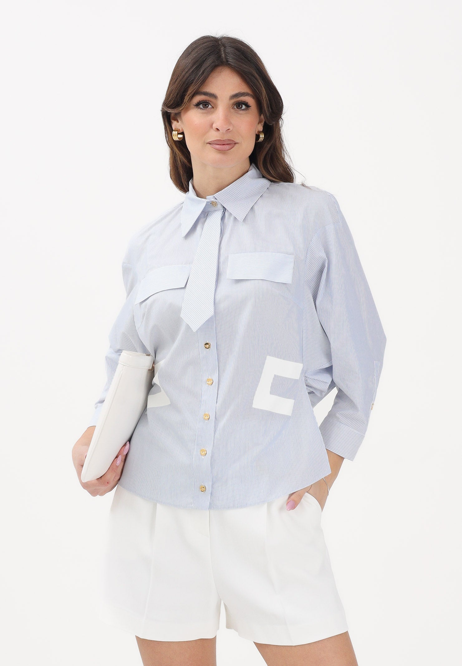 ELISABETTA FRANCHI Camicia con maniche a 3/4 bianca da donna con motivo a righe azzurre CA13261E2 019 ELISABETTA FRANCHI 