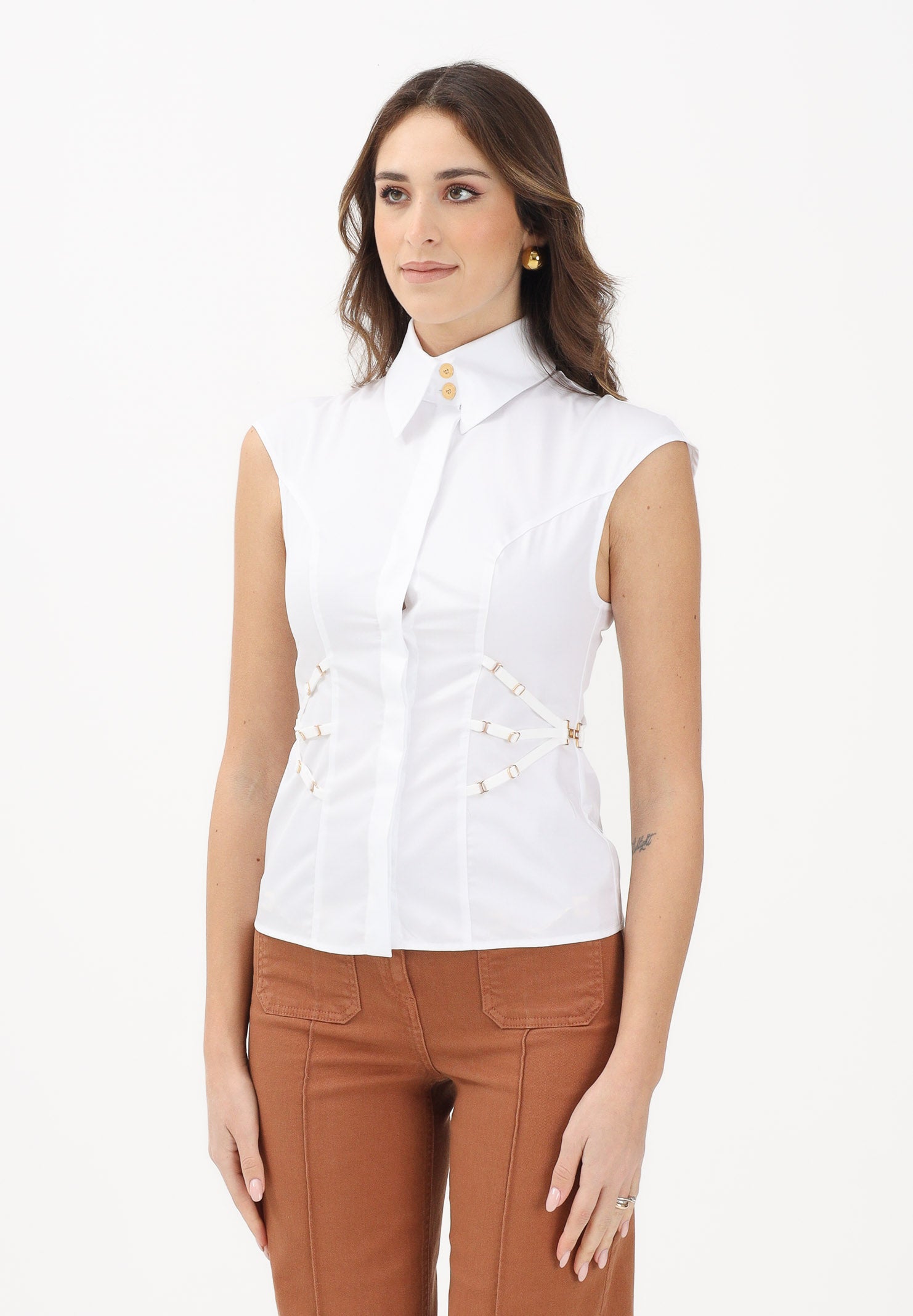 ELISABETTA FRANCHI Camicia smanicata bianca da donna con elastici CA14361E2 100 ELISABETTA FRANCHI 