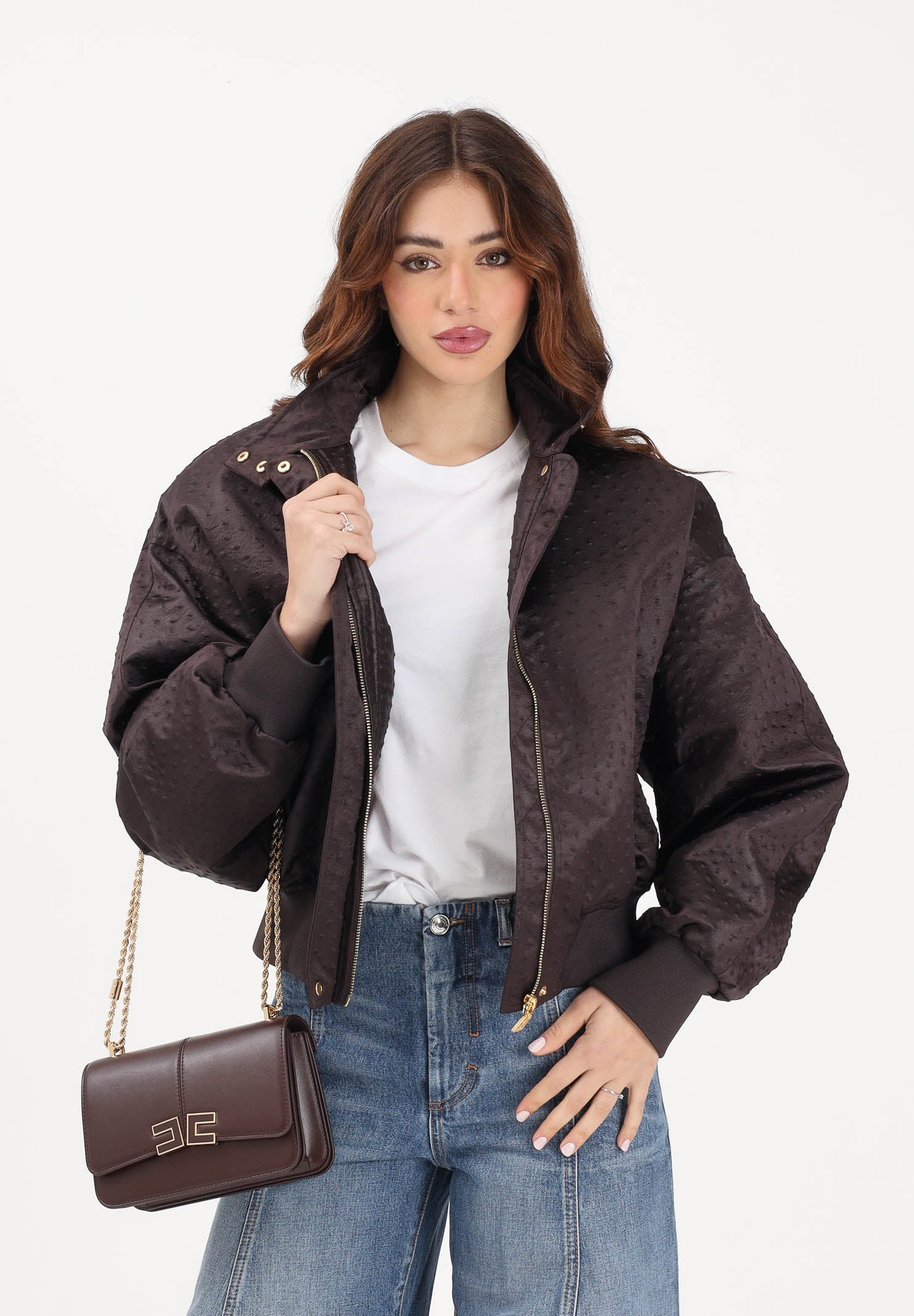 ELISABETTA FRANCHI Bomber marrone da donna in taffettà GB06D63E2 EV9 ELISABETTA FRANCHI 