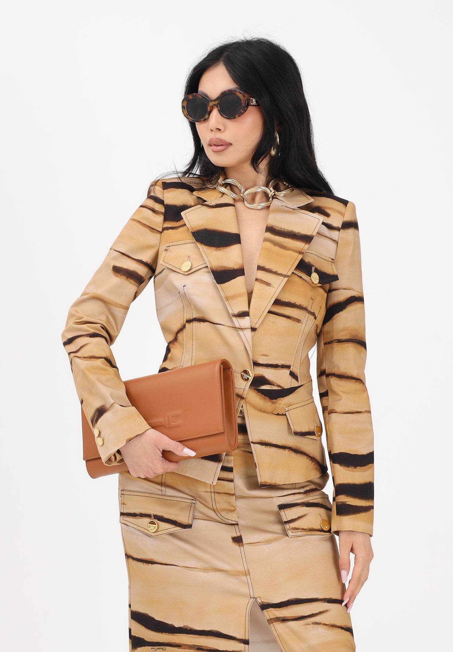 ELISABETTA FRANCHI Giacca monopetto beige da donna con stampa tigre<BR/> GI23762E2 470 ELISABETTA FRANCHI 
