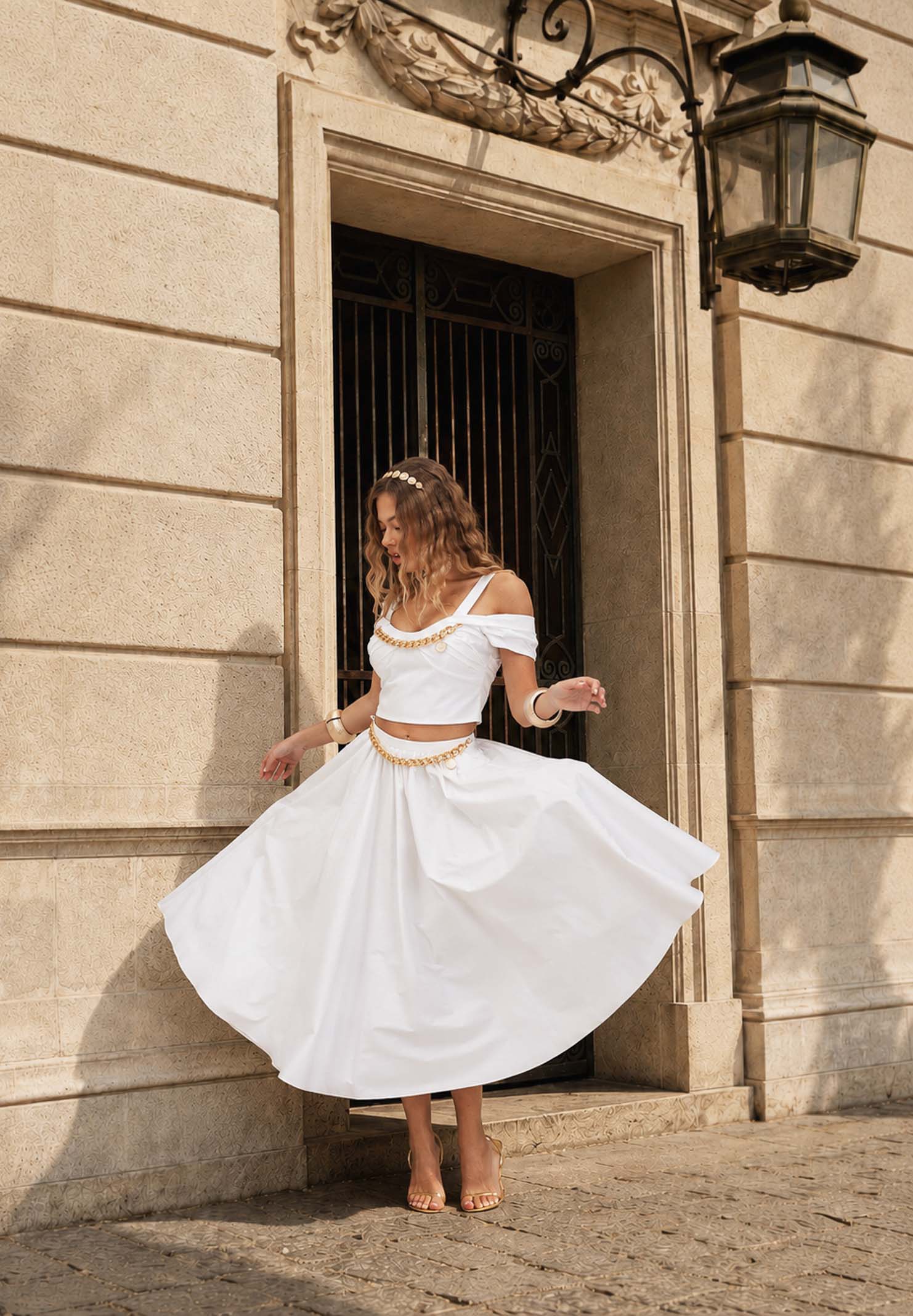 ELISABETTA FRANCHI Gonna midi bianca da donna con dettaglio gioiello GO16061E2 100 ELISABETTA FRANCHI 