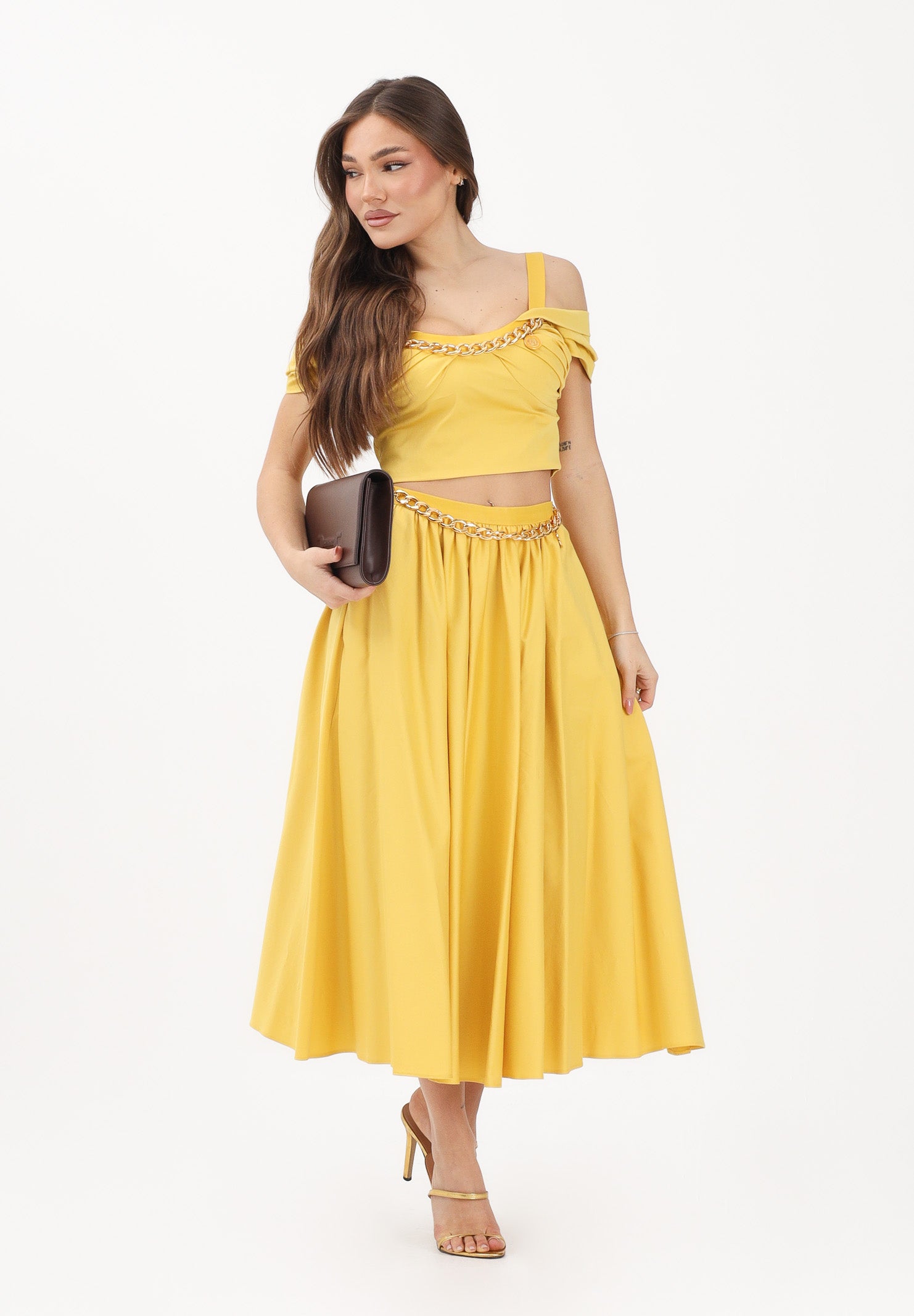 ELISABETTA FRANCHI Gonna midi gialla da donna con dettaglio gioiello GO16061E2 EV4 ELISABETTA FRANCHI 