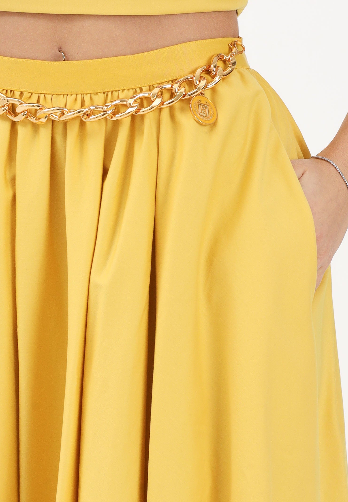 ELISABETTA FRANCHI Gonna midi gialla da donna con dettaglio gioiello GO16061E2 EV4 ELISABETTA FRANCHI 