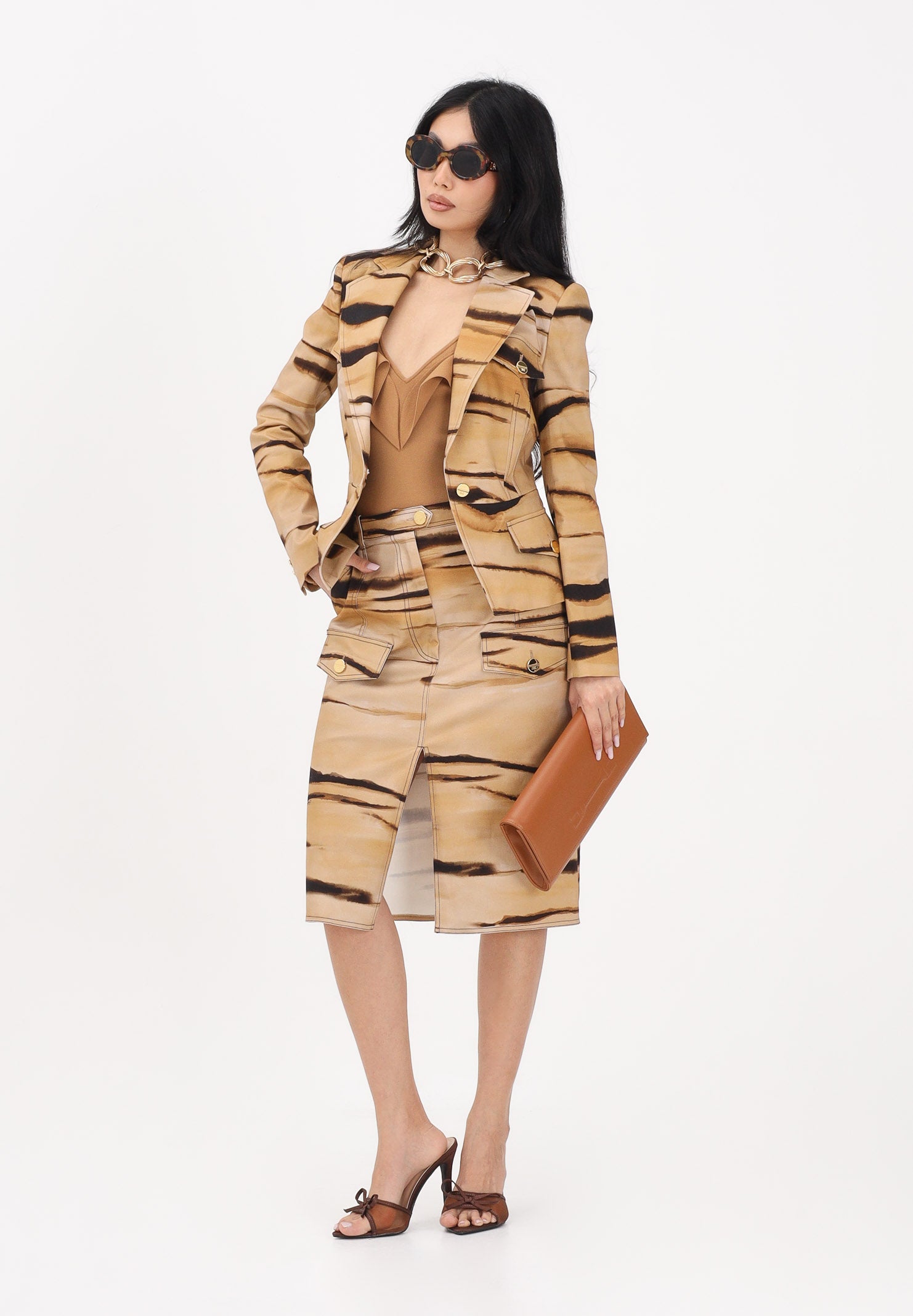 ELISABETTA FRANCHI Gonna midi beige da donna con stampa tigre<BR/> GO18362E2 470 ELISABETTA FRANCHI 