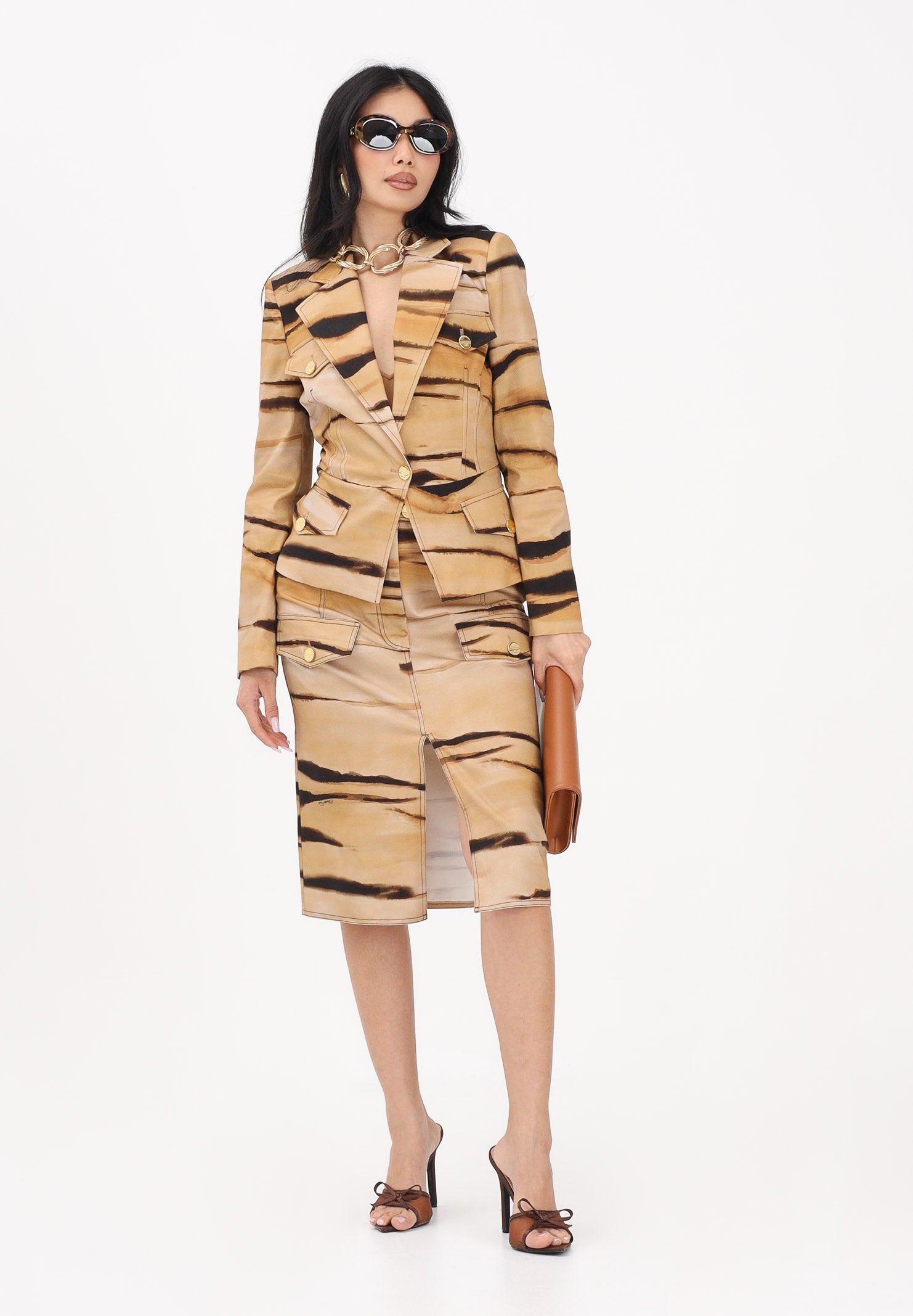 ELISABETTA FRANCHI Gonna midi beige da donna con stampa tigre<BR/> GO18362E2 470 ELISABETTA FRANCHI 