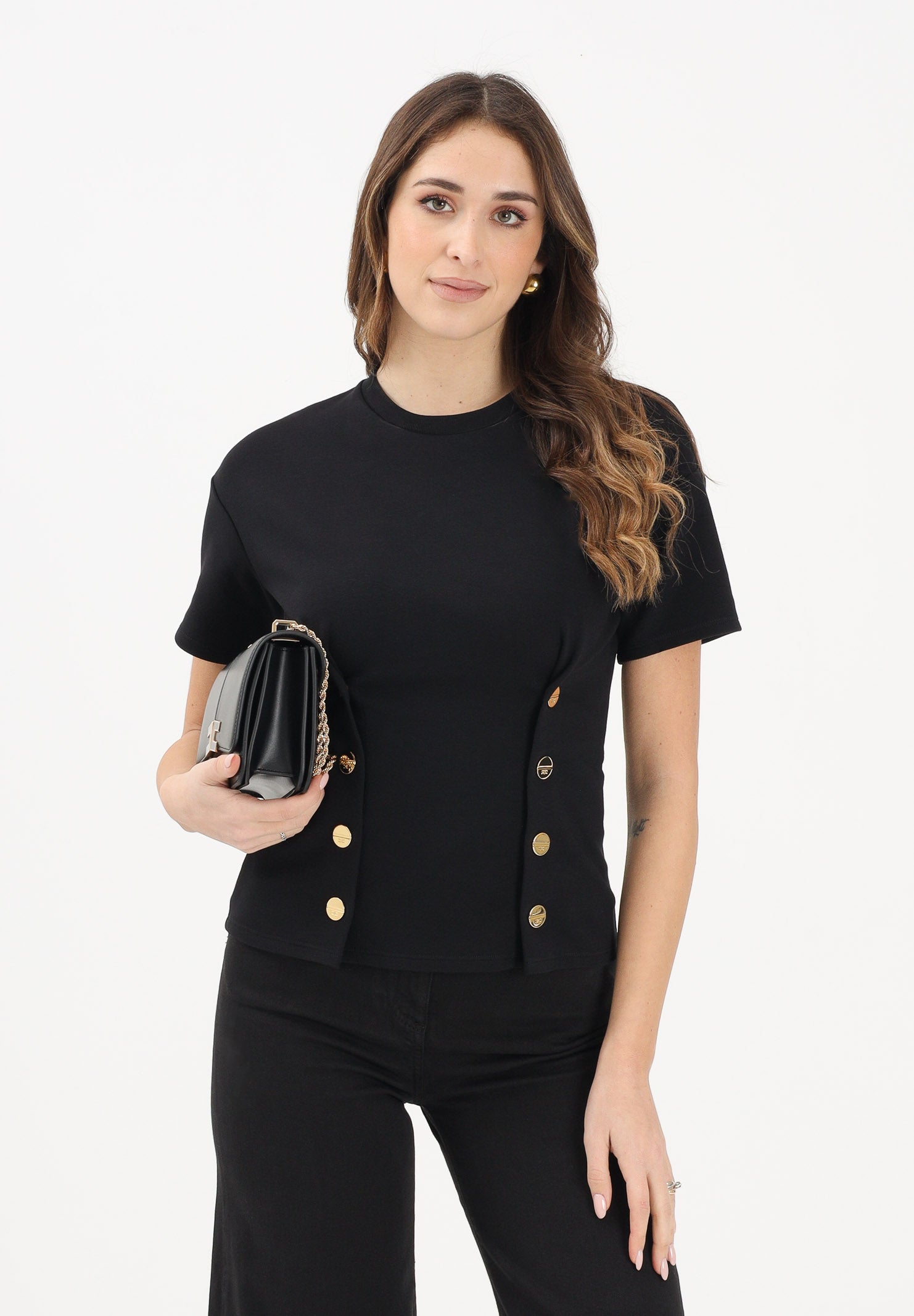 ELISABETTA FRANCHI T-shirt a manica corta nera da donna con applicazioni di bottoni decorativi MA00461E2 110 ELISABETTA FRANCHI 