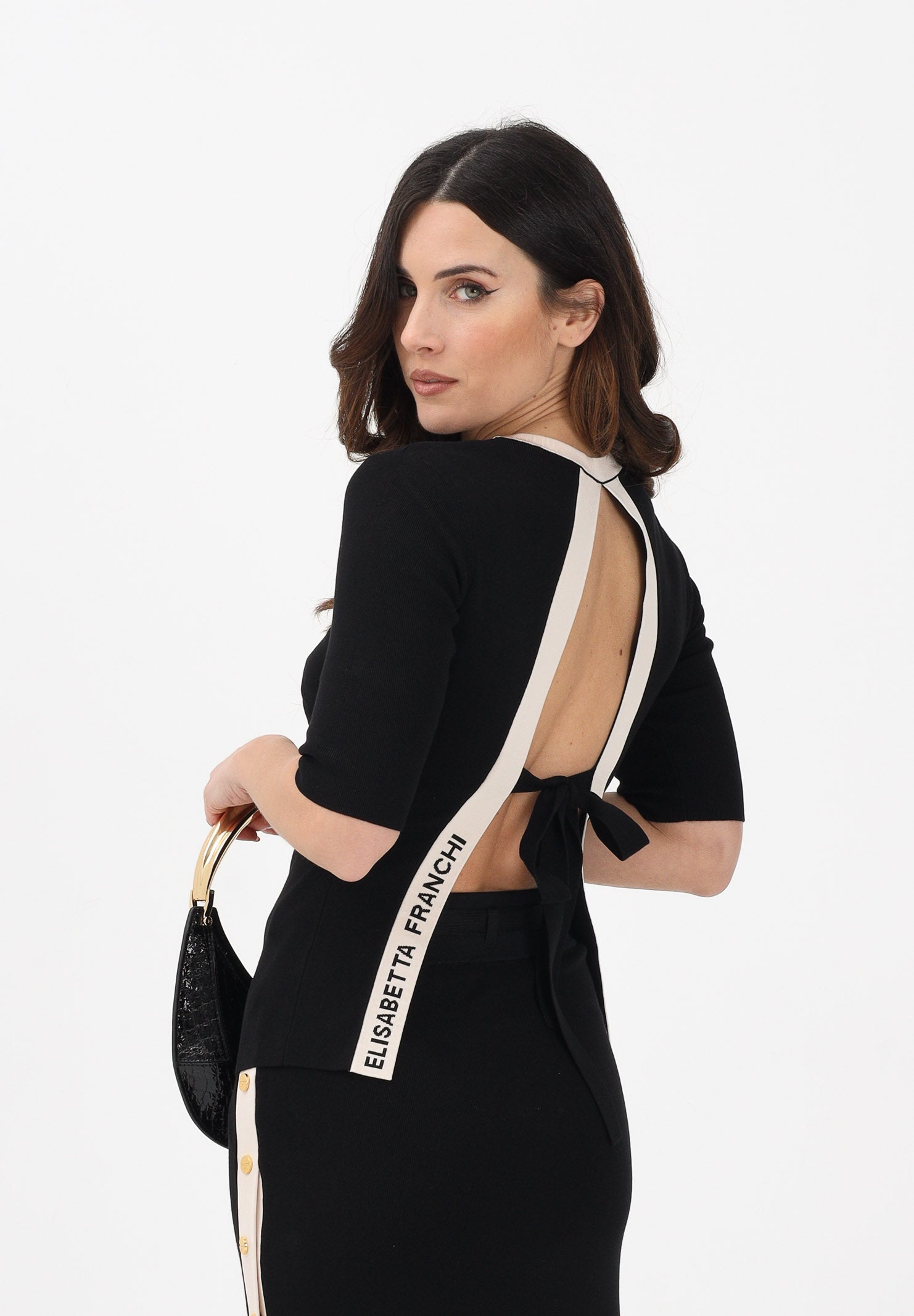 ELISABETTA FRANCHI Maglia girocollo nera da donna con maniche ¾ e schiena scoperta MK67S61E2 685 ELISABETTA FRANCHI 