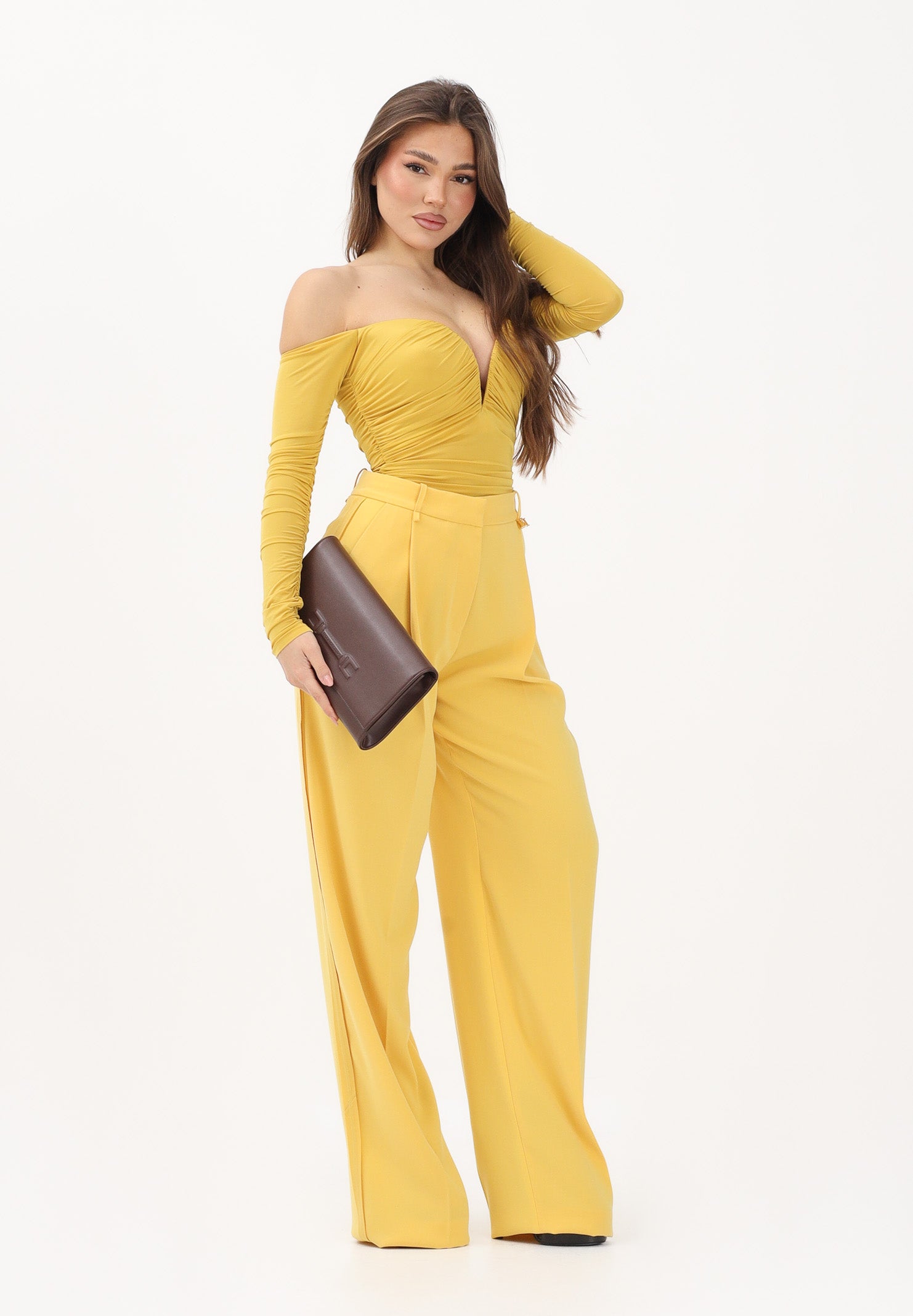 ELISABETTA FRANCHI Pantalone elegante giallo da donna con logo charm PA16761E2 EV4 ELISABETTA FRANCHI 