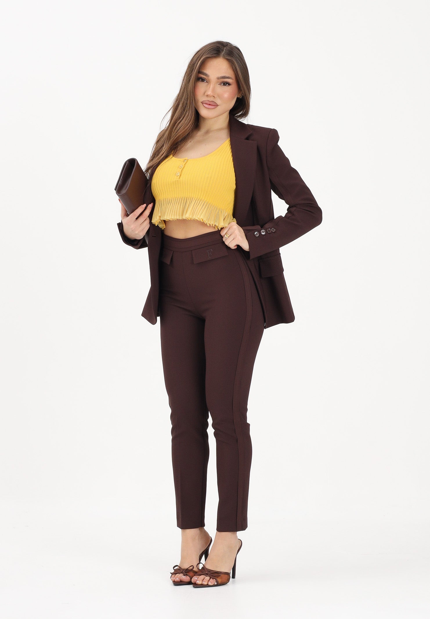 ELISABETTA FRANCHI Pantalone elegante cacao da donna con logo ricamato PA17061E2 644 ELISABETTA FRANCHI 
