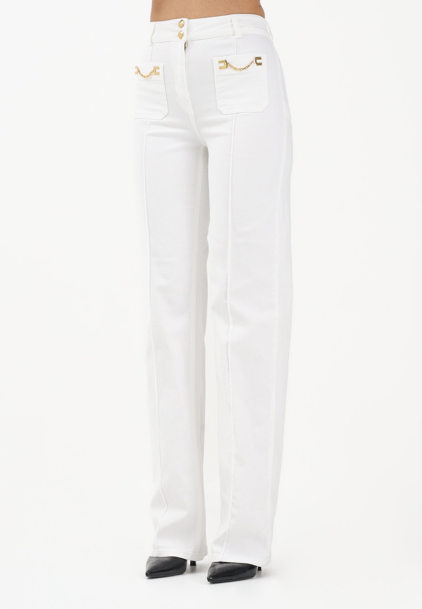 ELISABETTA FRANCHI Jeans a vita alta avorio da donna con dettagli gioiello PJ25D61E2 360 ELISABETTA FRANCHI 