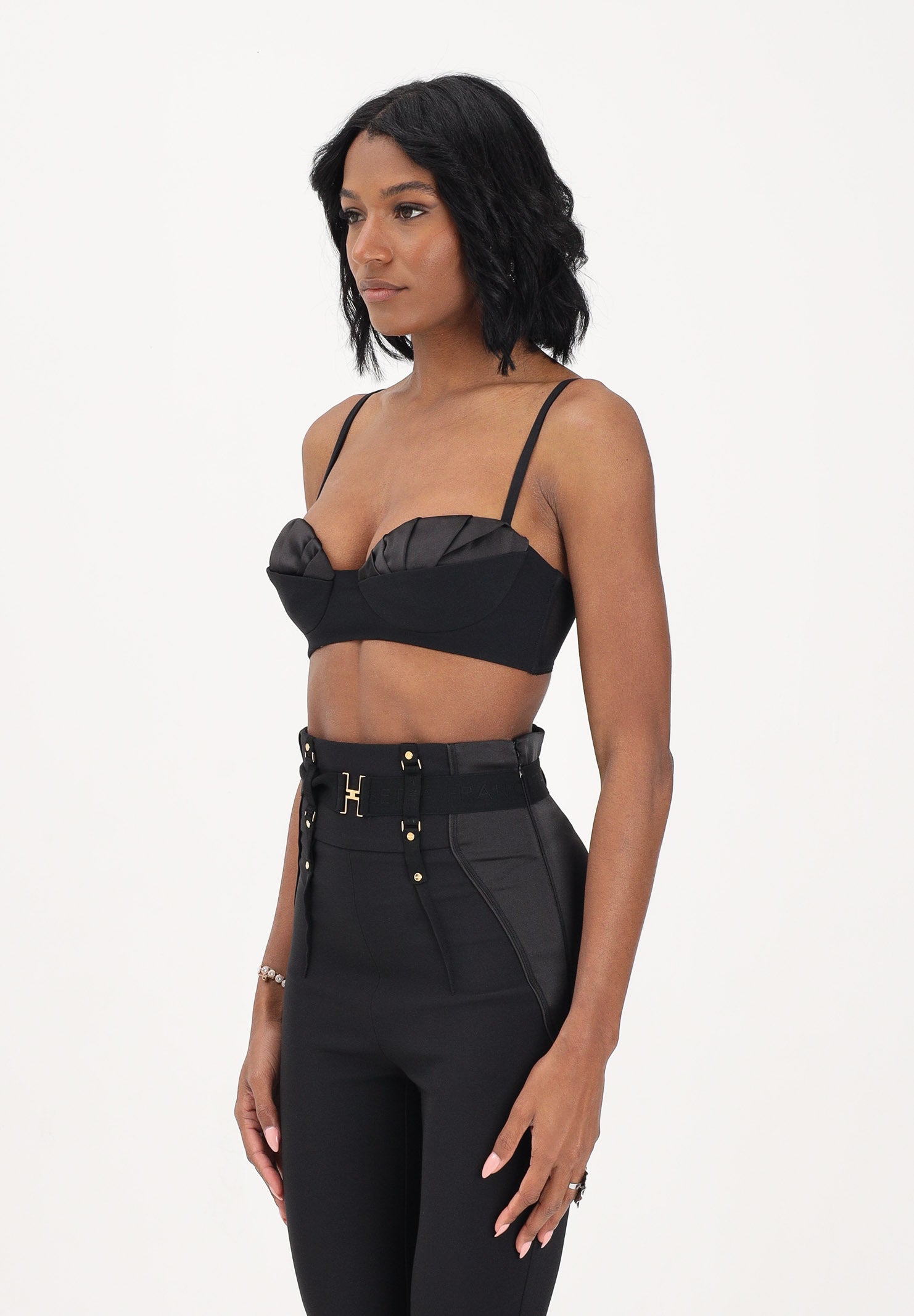 ELISABETTA FRANCHI Top nero da donna in crêpe leggero e raso RG01562E2EA1 110 ELISABETTA FRANCHI 