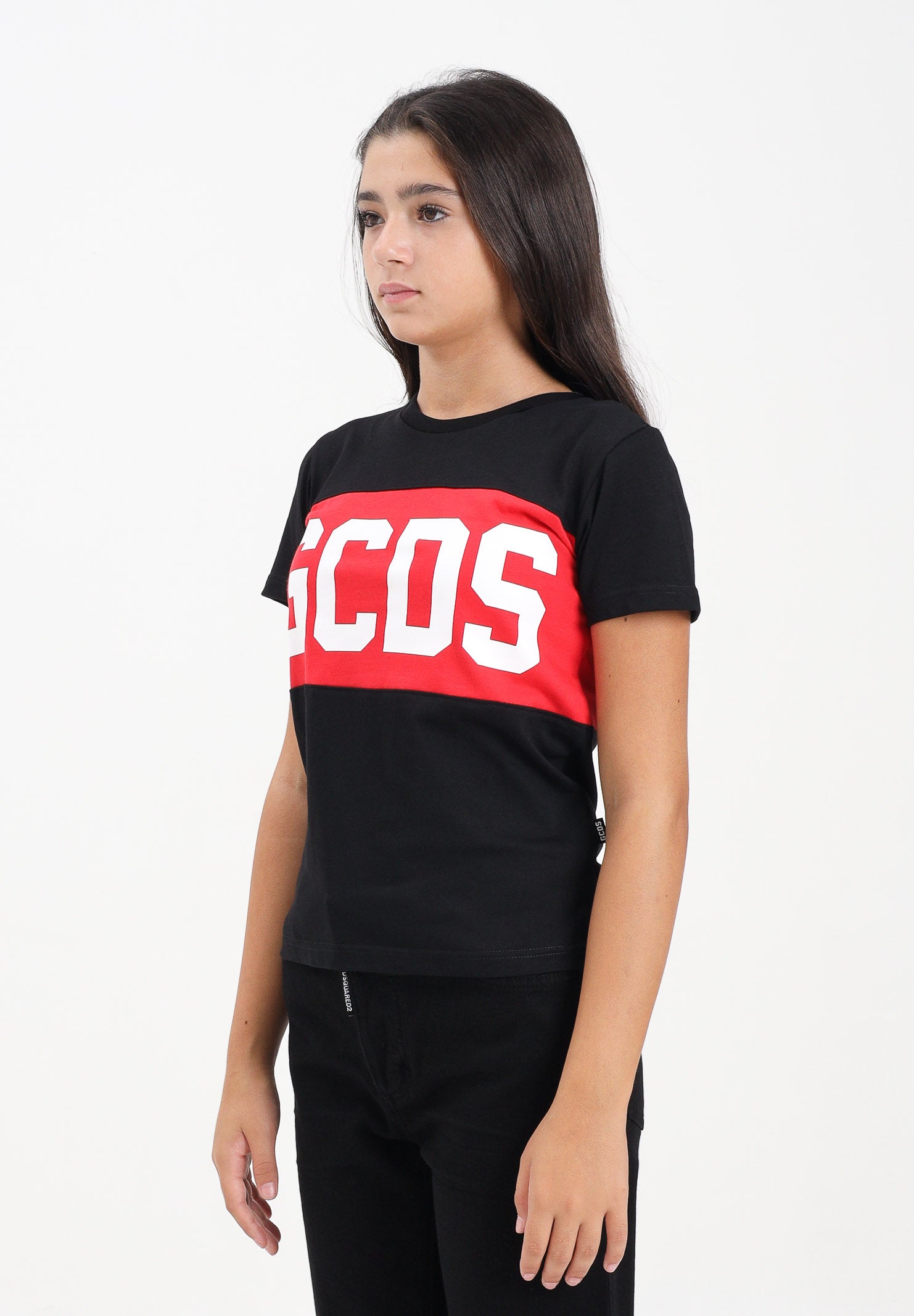 GCDS T-shirt a manica corta nera per donna, ragazzi e bambini con fascia rossa logata B2JU2329JF1 99 GCDS 