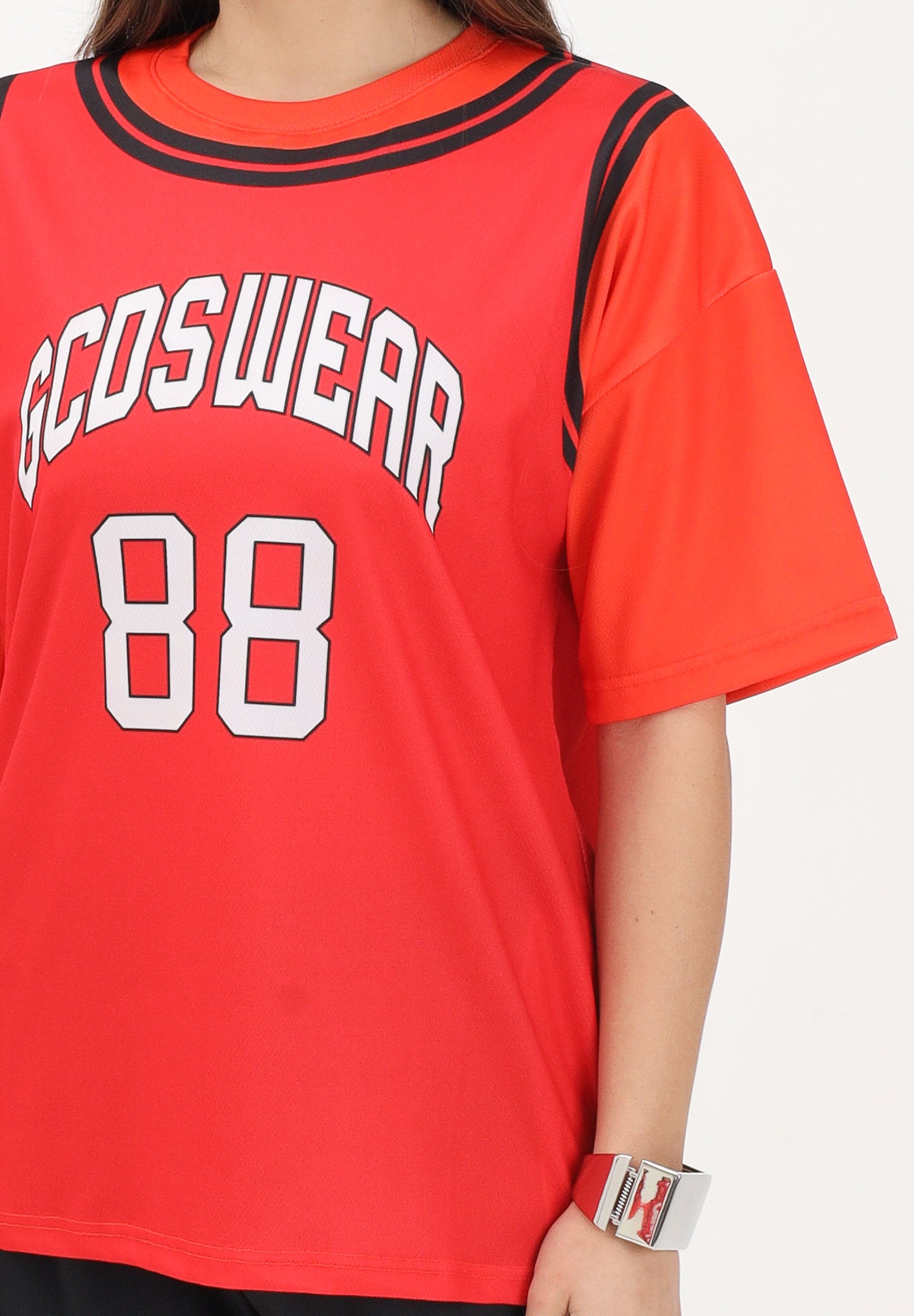 GCDS T-shirt a manica corta rossa e arancio per donna, ragazzi e bambini con stampa C1BJQC706J338 436O GCDS 