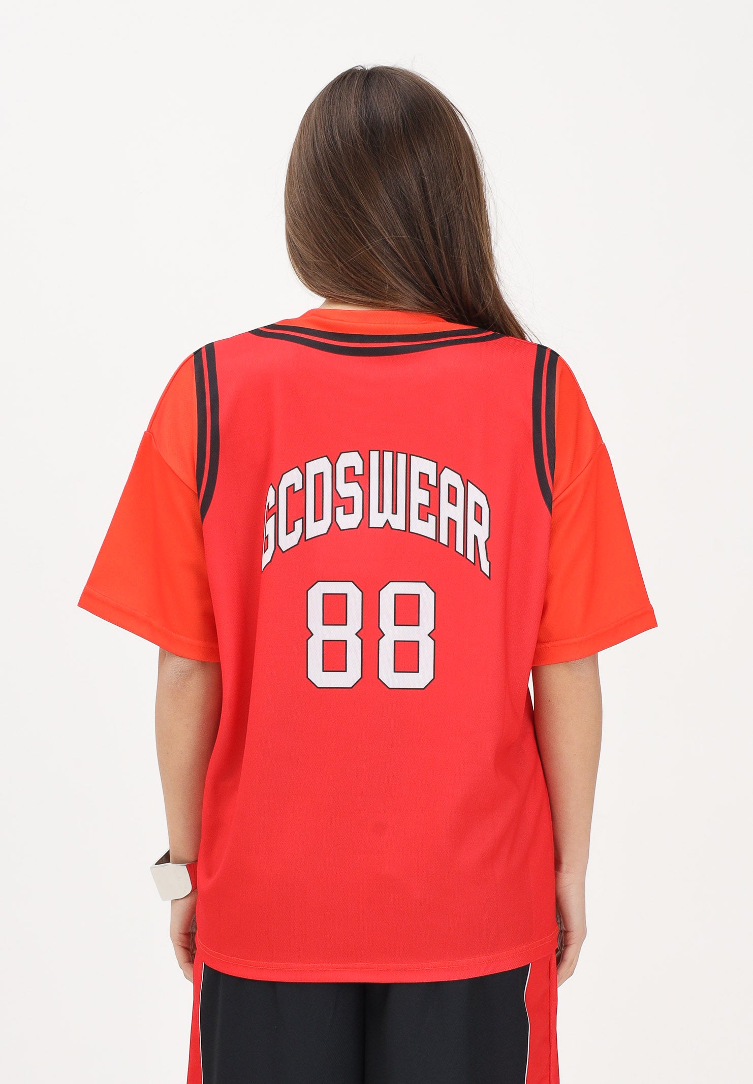 GCDS T-shirt a manica corta rossa e arancio per donna, ragazzi e bambini con stampa C1BJQC706J338 436O GCDS 