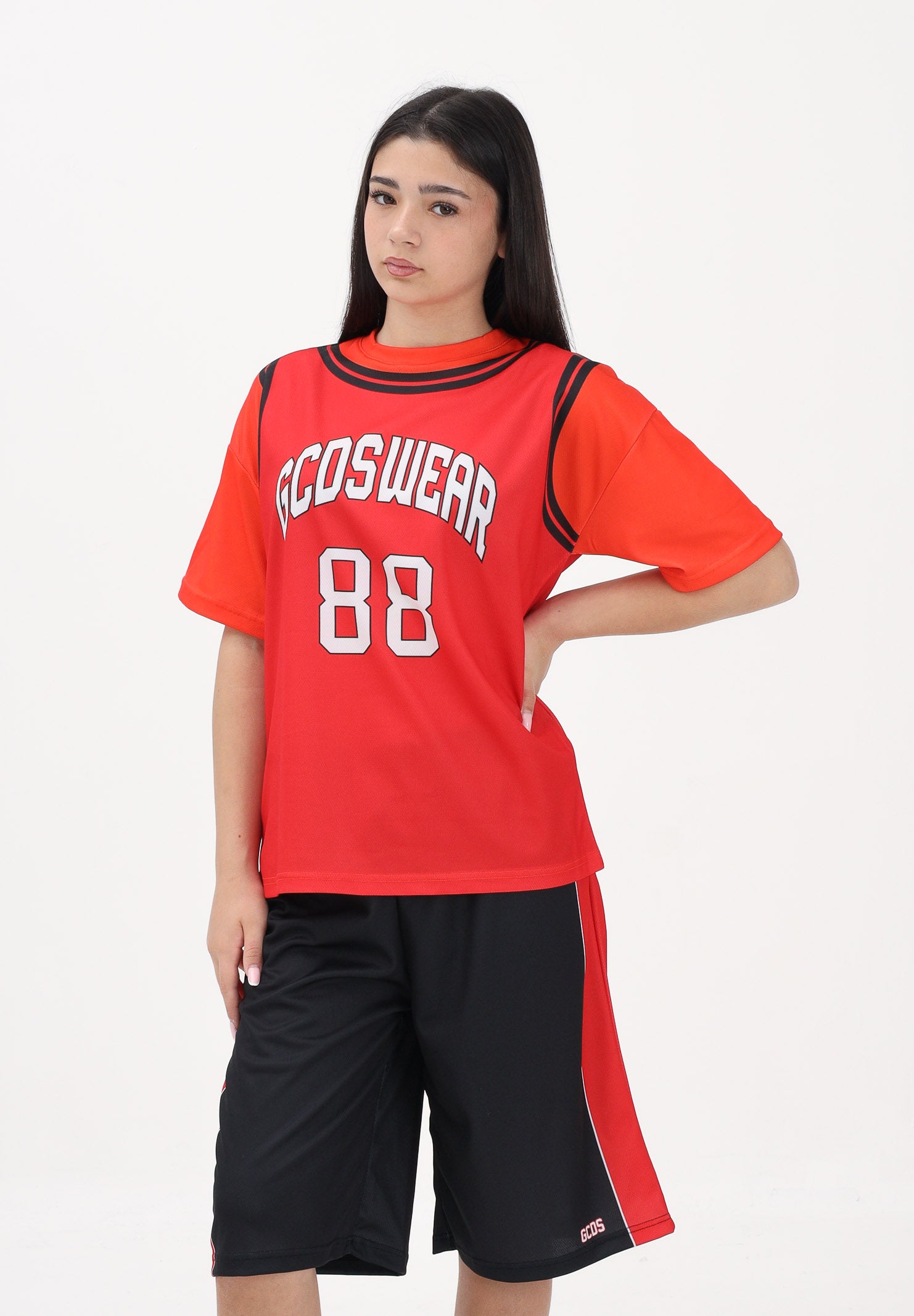 GCDS T-shirt a manica corta rossa e arancio per donna, ragazzi e bambini con stampa C1BJQC706J338 436O GCDS 