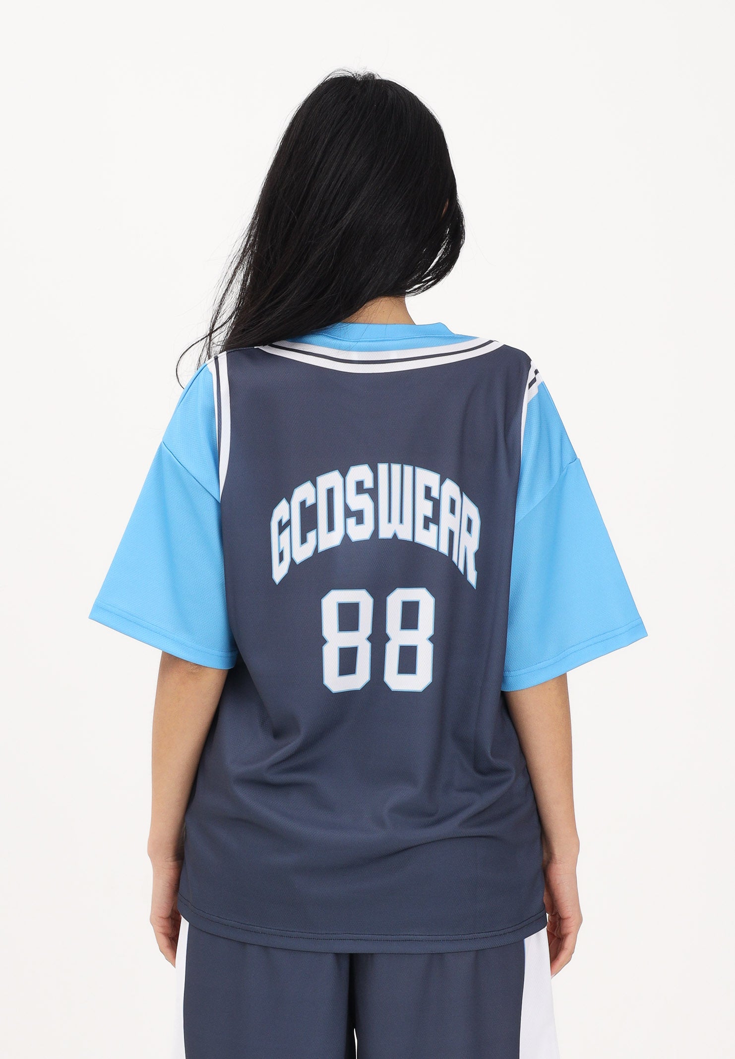 GCDS T-shirt a manica corta blu e azzurra per donna, ragazzi e bambini con stampa C1BJQC706J338 782E GCDS 