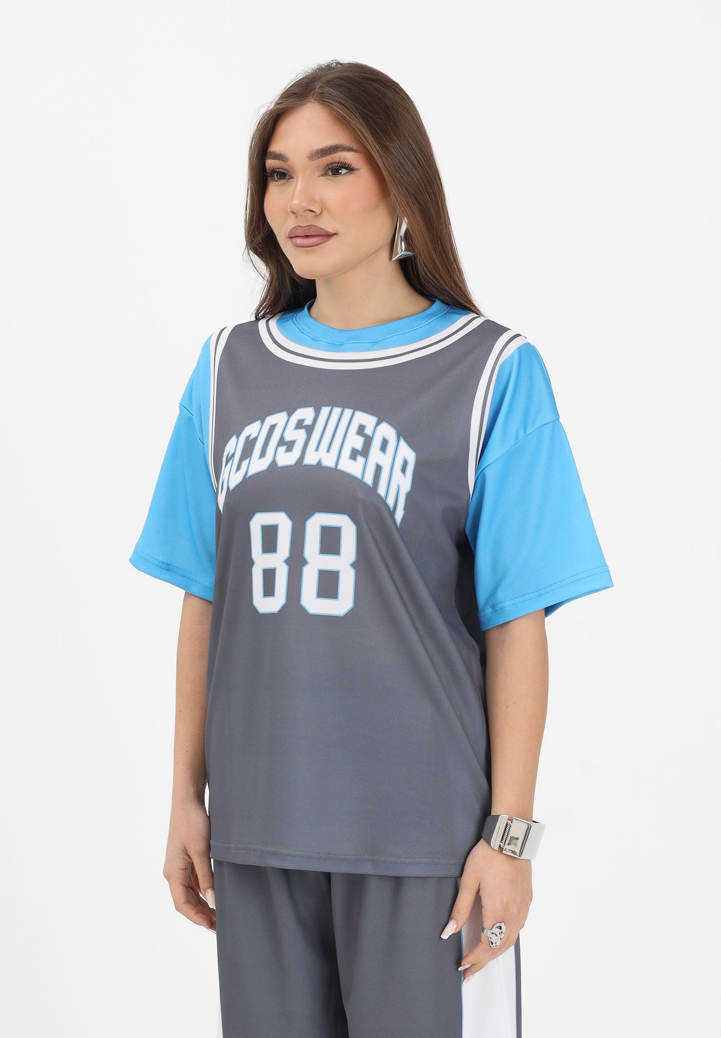 GCDS T-shirt a manica corta grigia e azzurra per donna, ragazzi e bambini con stampa C1BJQC706J338 955E GCDS 