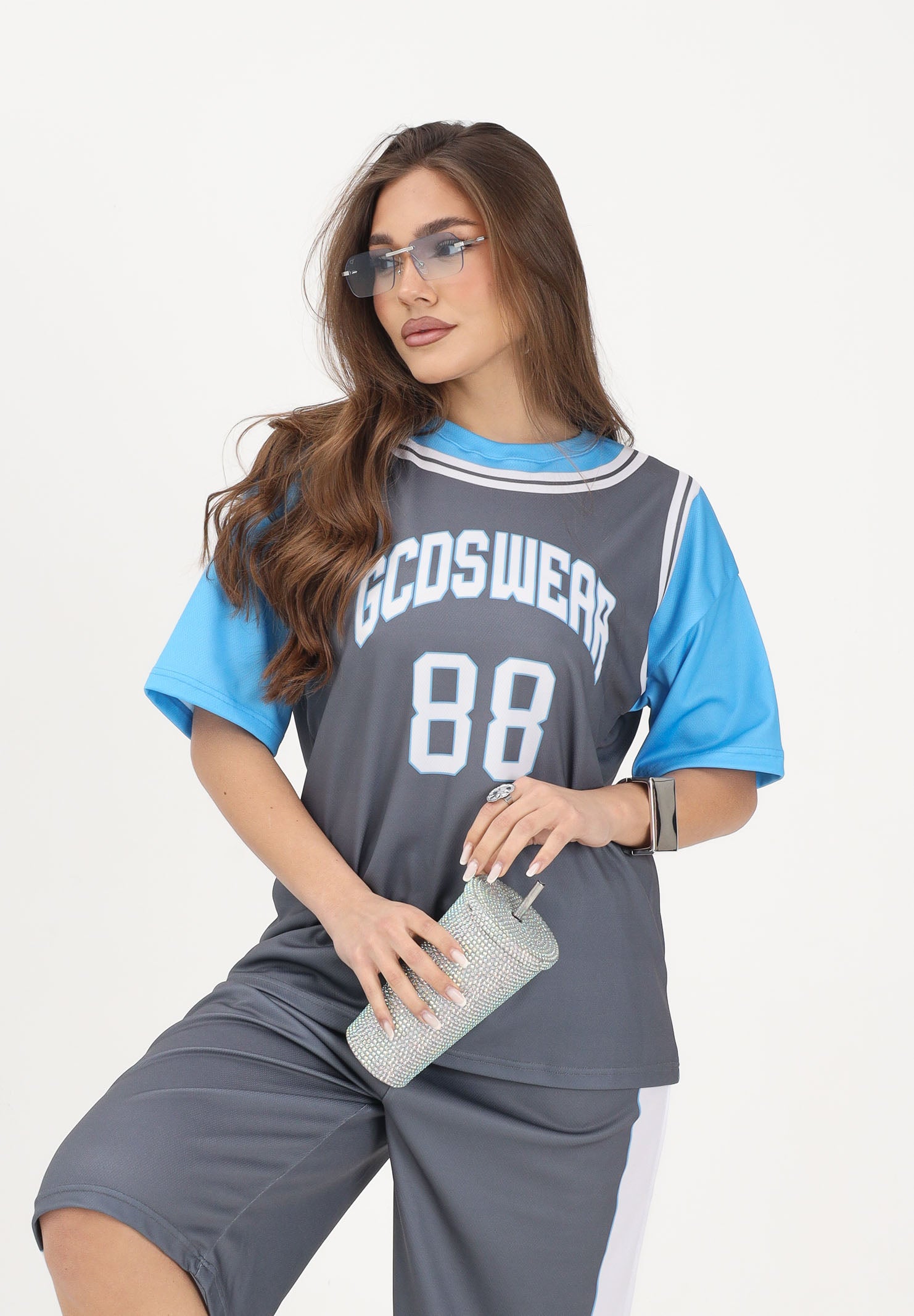 GCDS T-shirt a manica corta grigia e azzurra per donna, ragazzi e bambini con stampa C1BJQC706J338 955E GCDS 
