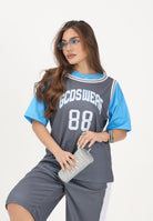 GCDS T-shirt a manica corta grigia e azzurra per donna, ragazzi e bambini con stampa C1BJQC706J338 955E GCDS 