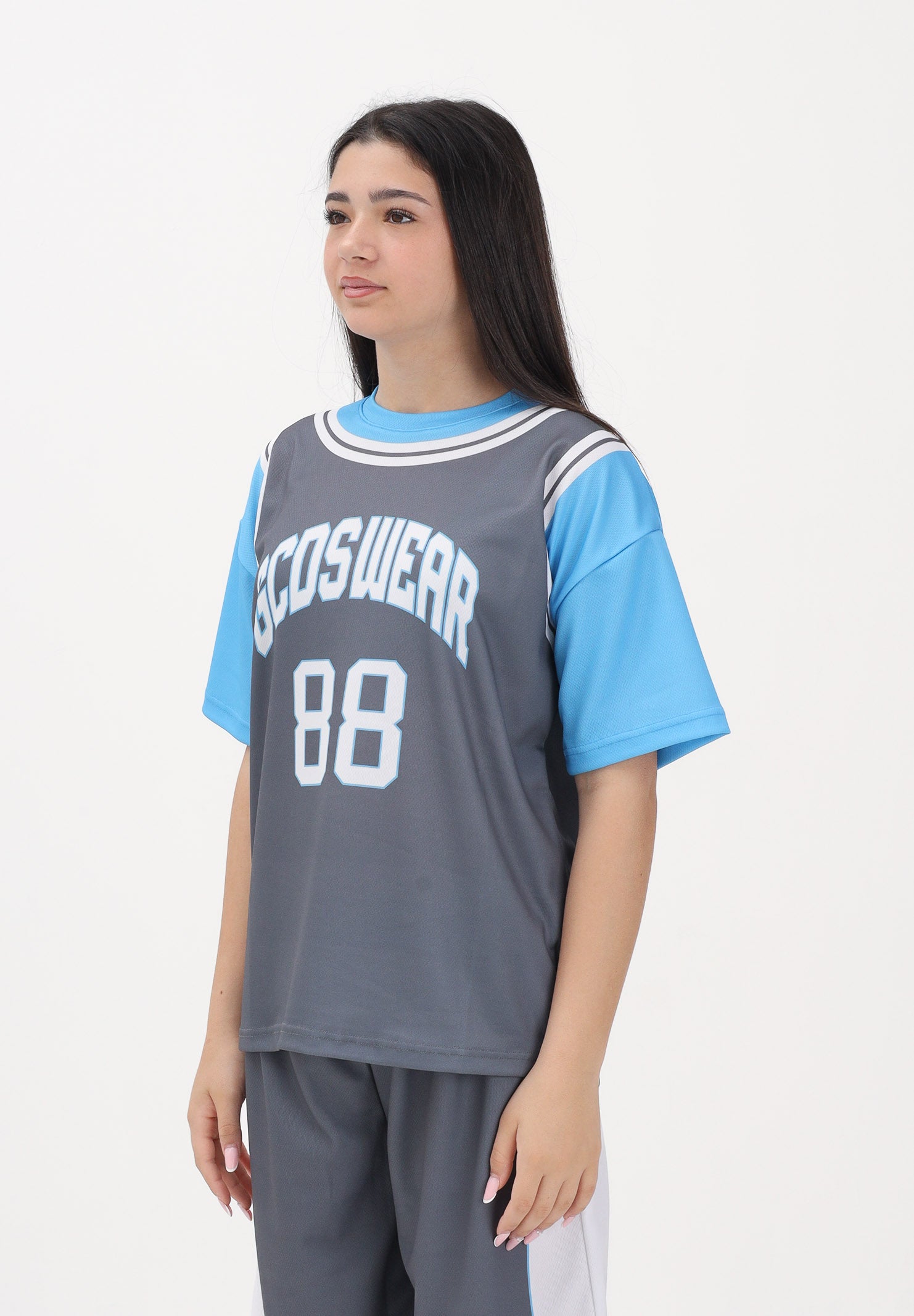 GCDS T-shirt a manica corta grigia e azzurra per donna, ragazzi e bambini con stampa C1BJQC706J338 955E GCDS 