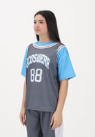GCDS T-shirt a manica corta grigia e azzurra per donna, ragazzi e bambini con stampa C1BJQC706J338 955E GCDS 