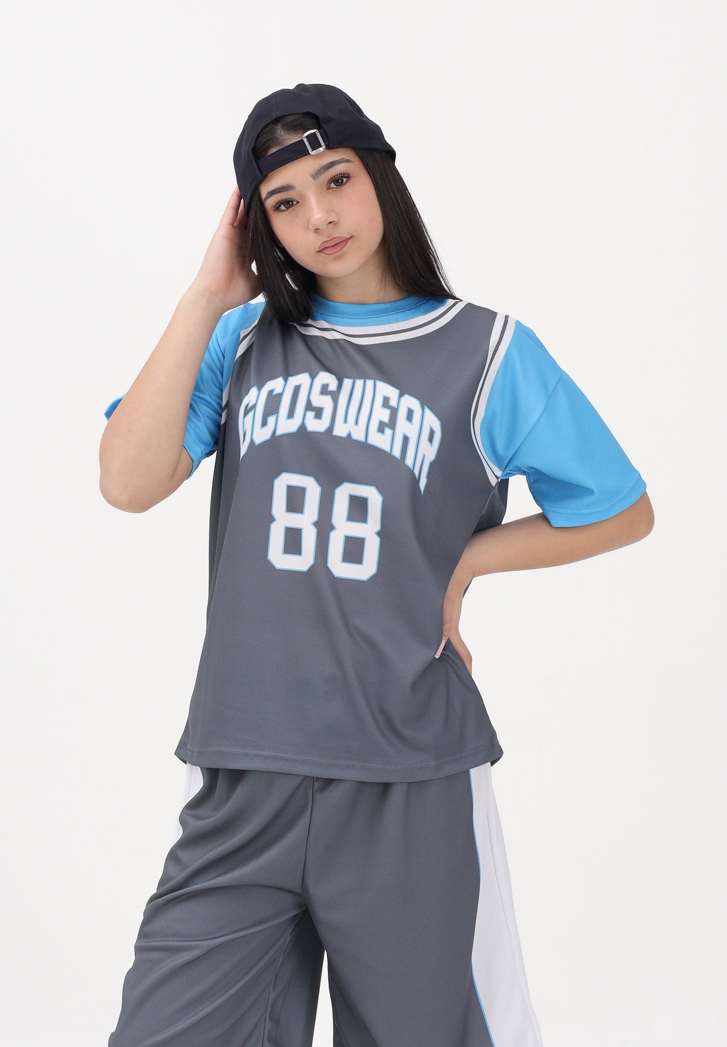 GCDS T-shirt a manica corta grigia e azzurra per donna, ragazzi e bambini con stampa C1BJQC706J338 955E GCDS 