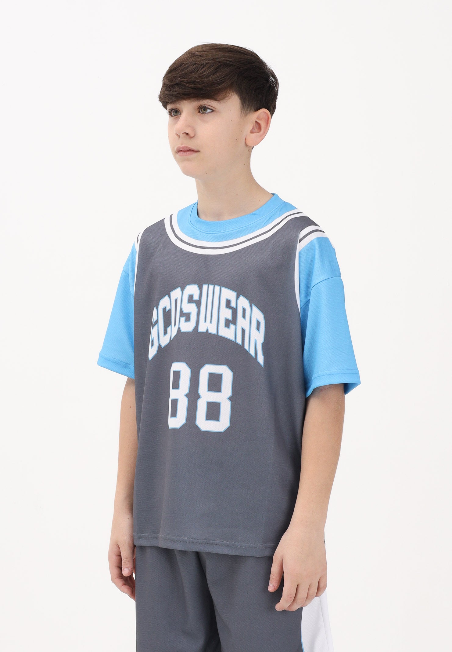 GCDS T-shirt a manica corta grigia e azzurra per donna, ragazzi e bambini con stampa C1BJQC706J338 955E GCDS 