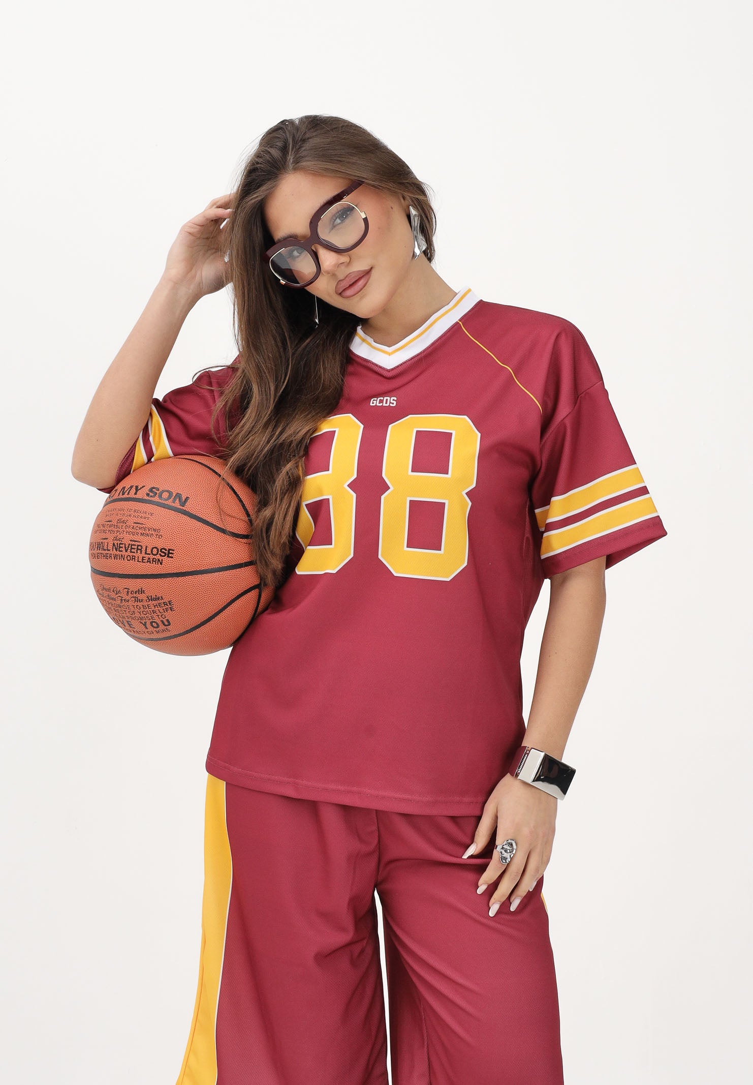 GCDS T-shirt a manica corta bordeaux per donna, ragazzi e bambini stile college C1BJQC709J338 468Y GCDS 