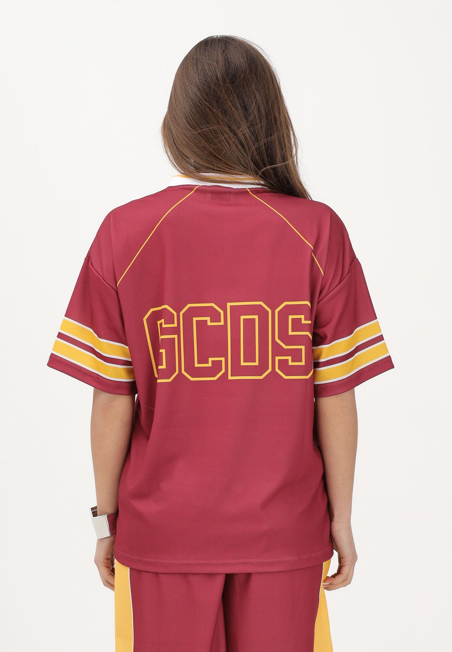 GCDS T-shirt a manica corta bordeaux per donna, ragazzi e bambini stile college C1BJQC709J338 468Y GCDS 