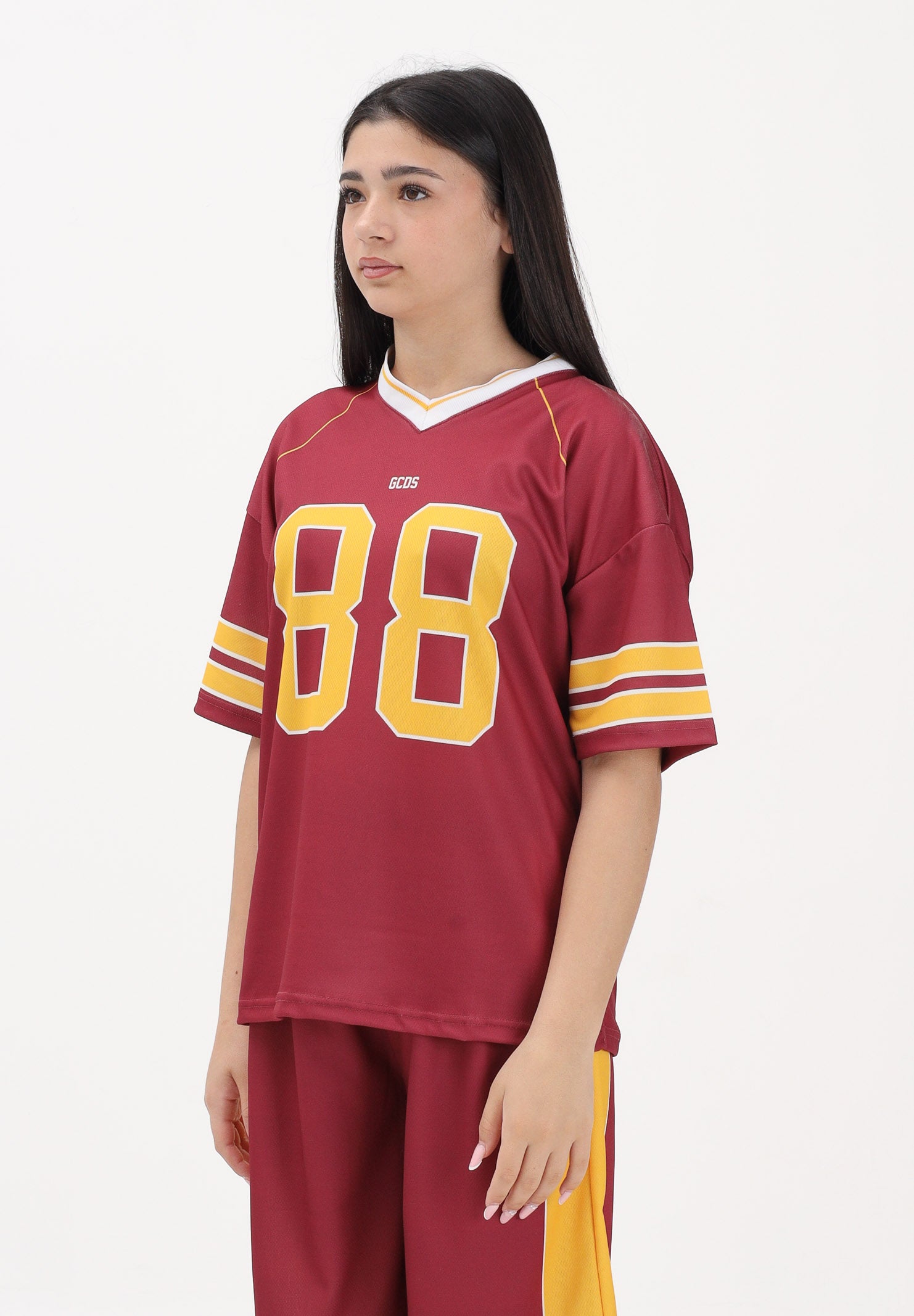 GCDS T-shirt a manica corta bordeaux per donna, ragazzi e bambini stile college C1BJQC709J338 468Y GCDS 