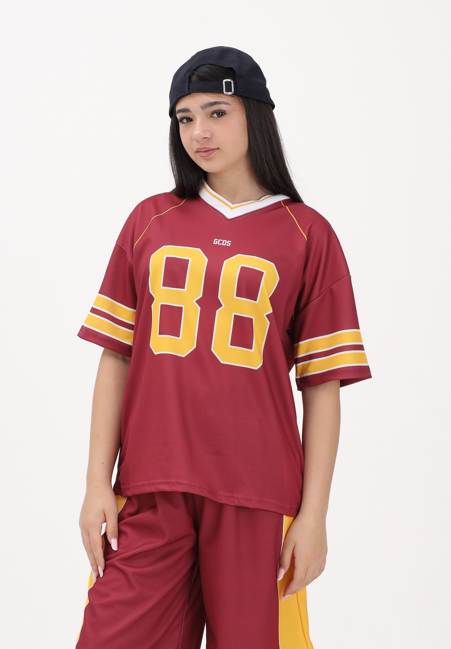 GCDS T-shirt a manica corta bordeaux per donna, ragazzi e bambini stile college C1BJQC709J338 468Y GCDS 