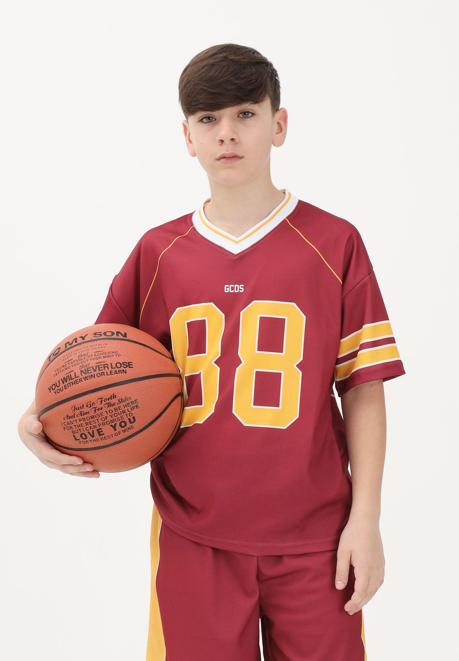 GCDS T-shirt a manica corta bordeaux per donna, ragazzi e bambini stile college C1BJQC709J338 468Y GCDS 