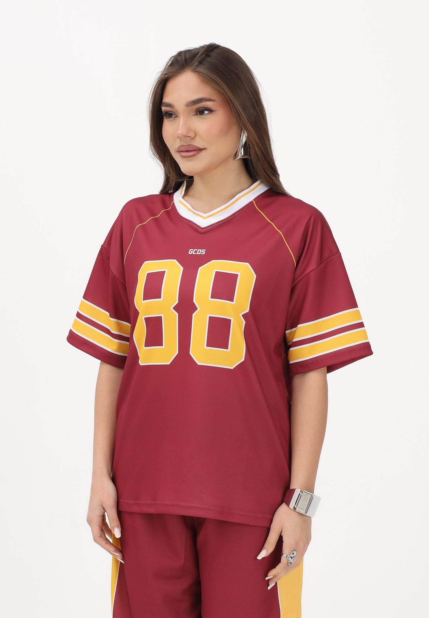 GCDS T-shirt a manica corta bordeaux per donna, ragazzi e bambini stile college C1BJQC709J338 468Y GCDS 