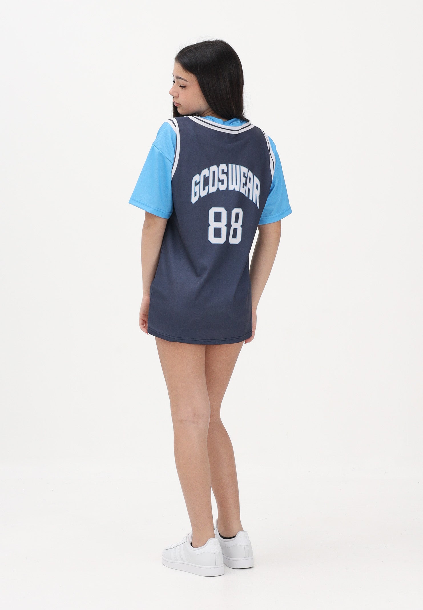 GCDS Abito corto blu e azzurro per donna, ragazze e bambine con stampa C1GJQB708J338 782E GCDS 