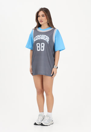GCDS Abito corto grigio e azzurro per donna, ragazze e bambine con stampa C1GJQB708J338 955E GCDS 