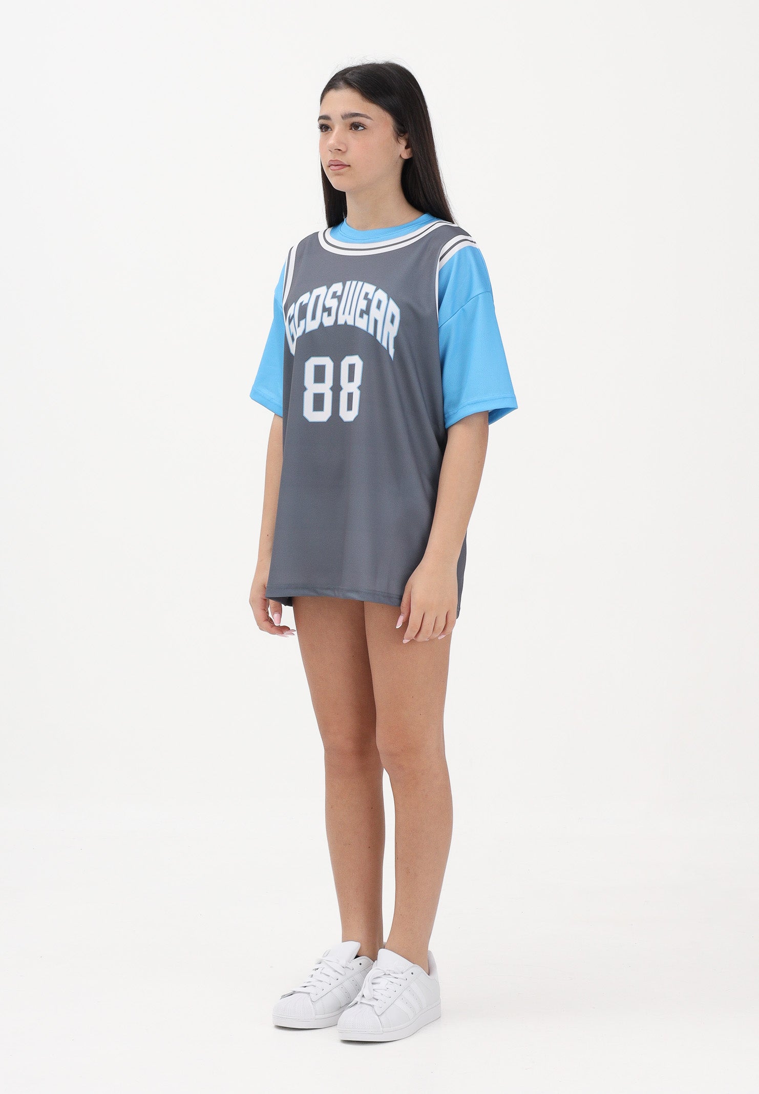GCDS Abito corto grigio e azzurro per donna, ragazze e bambine con stampa C1GJQB708J338 955E GCDS 