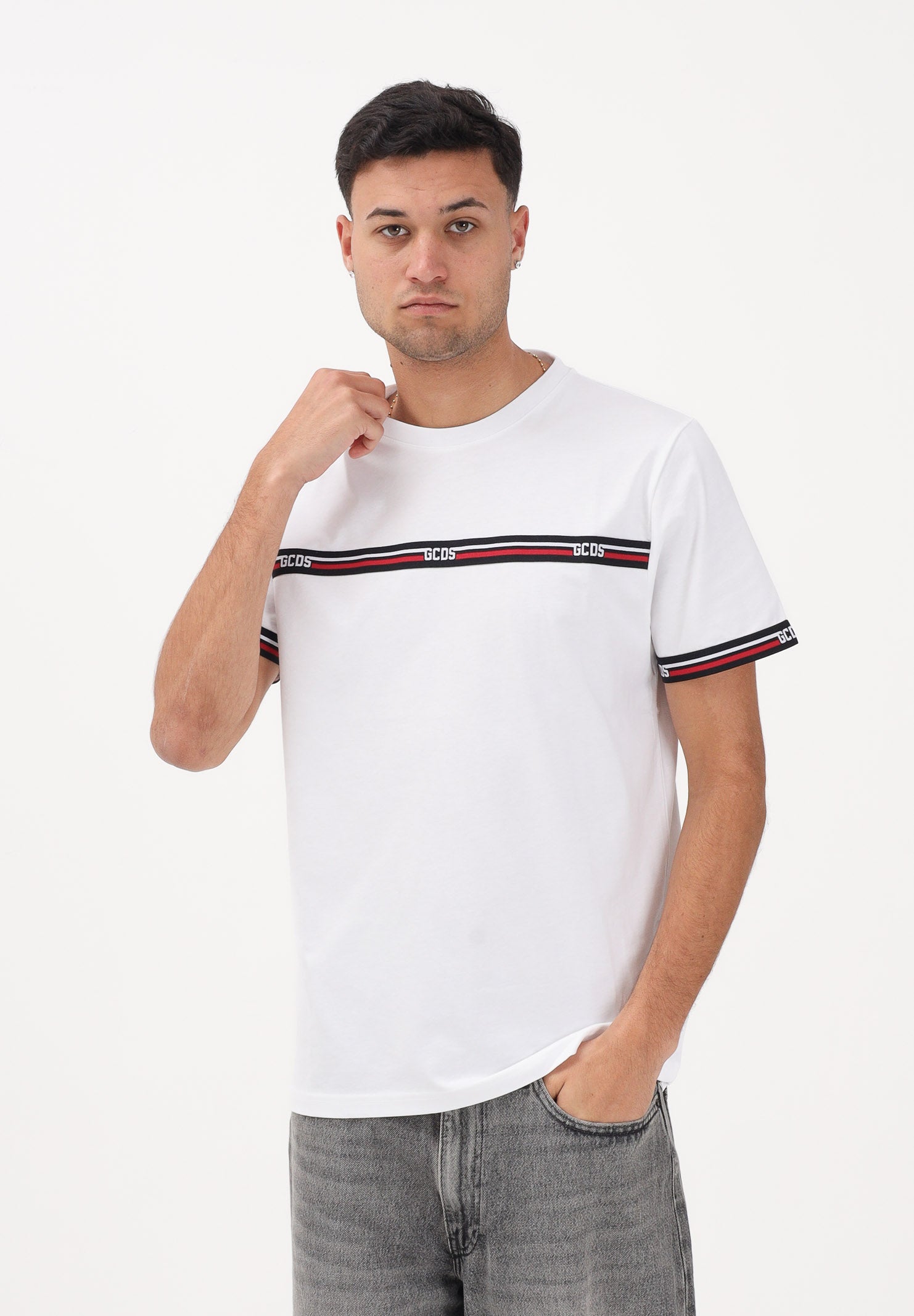 GCDS T-shirt a manica corta bianca per uomo e donna con bande logate C1MEQC036J101 100B GCDS 