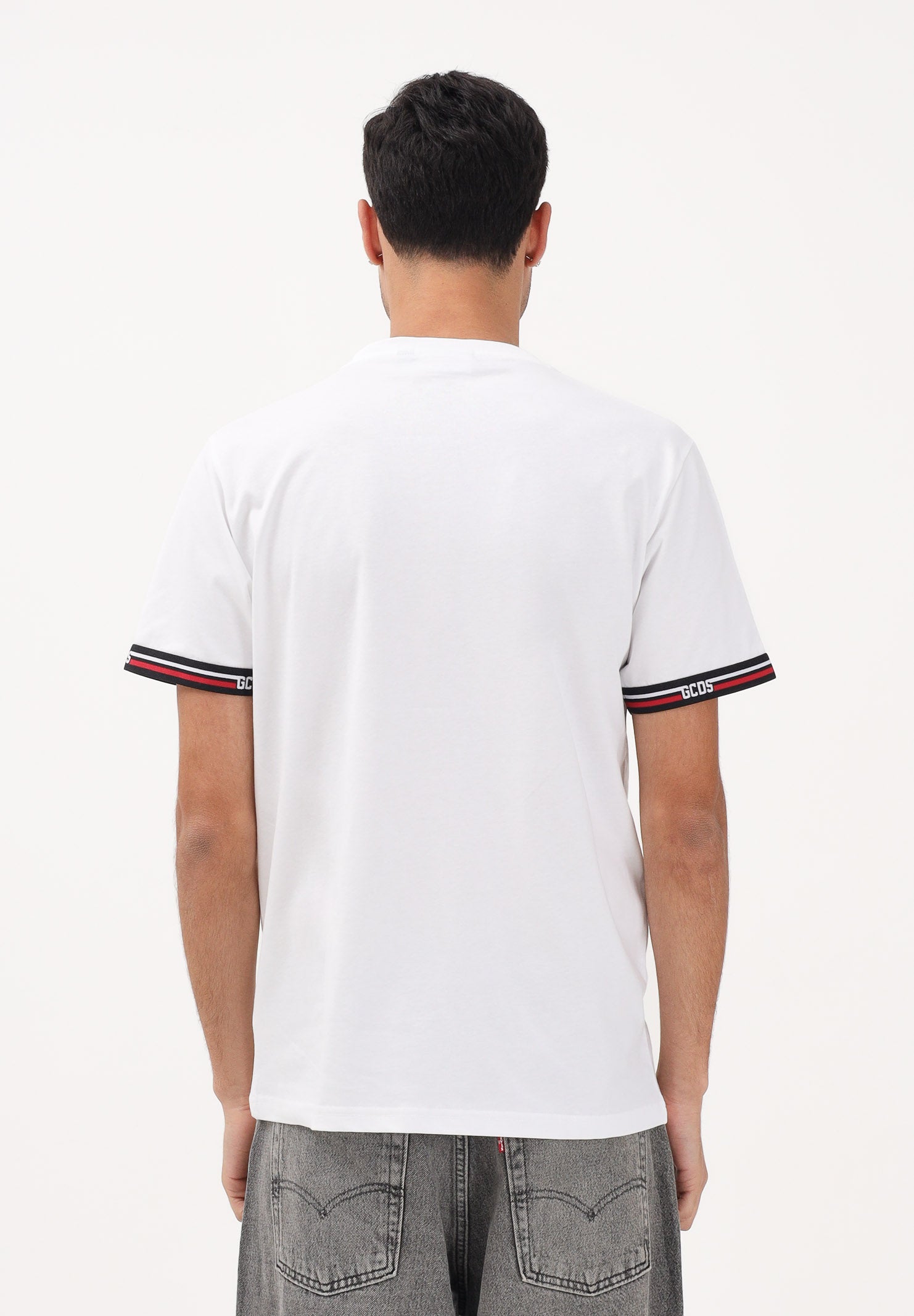 GCDS T-shirt a manica corta bianca per uomo e donna con bande logate C1MEQC036J101 100B GCDS 