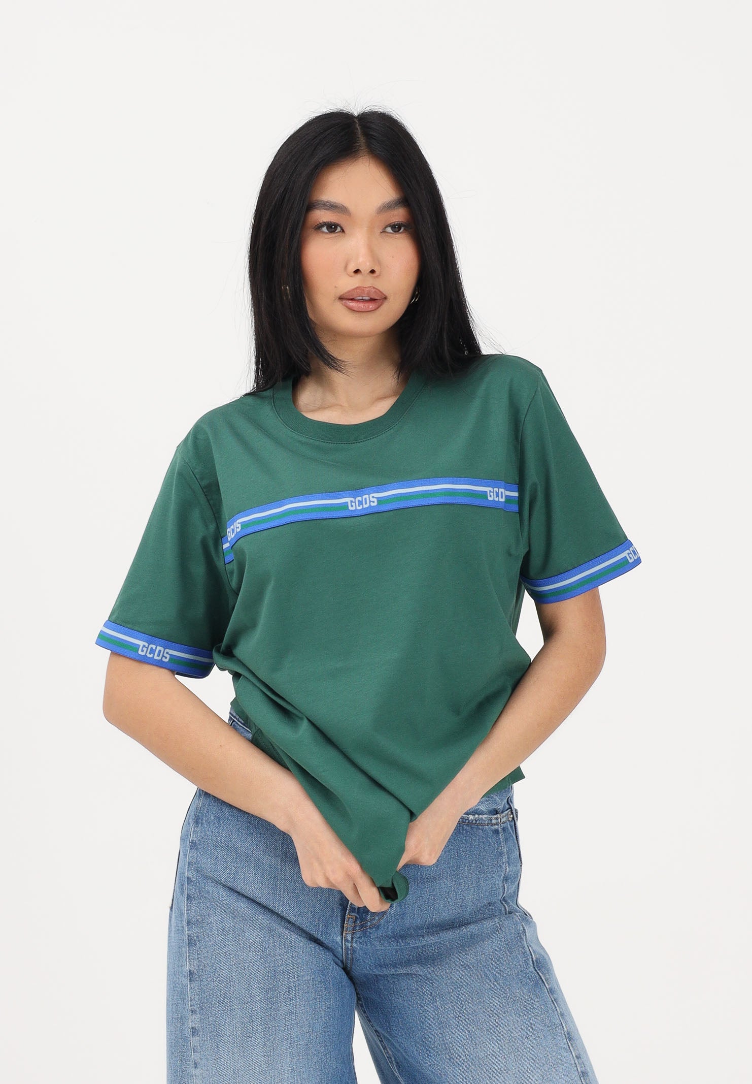 GCDS T-shirt a manica corta verde per uomo e donna con bande logate C1MEQC036J101 883E GCDS 