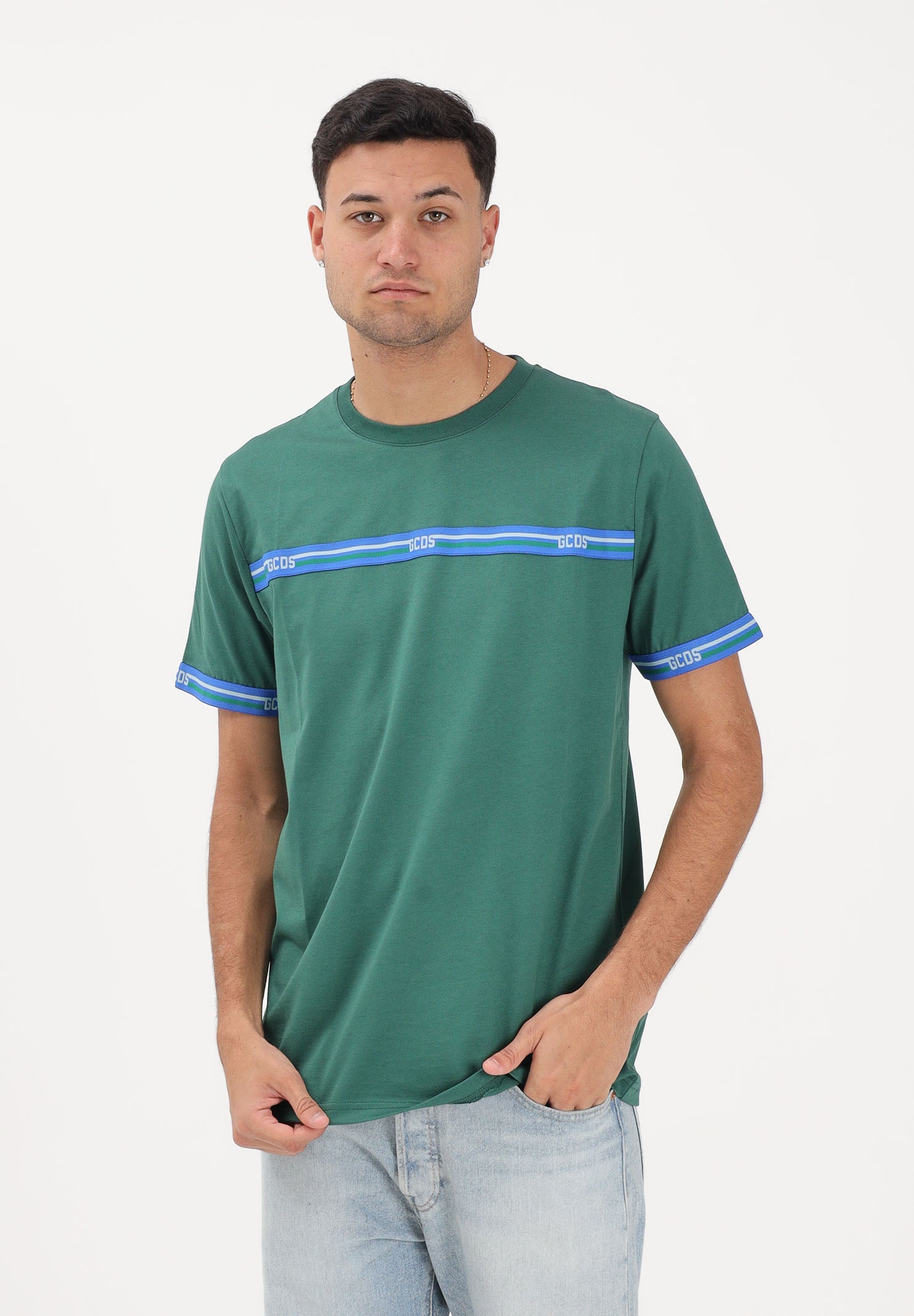 GCDS T-shirt a manica corta verde per uomo e donna con bande logate C1MEQC036J101 883E GCDS 