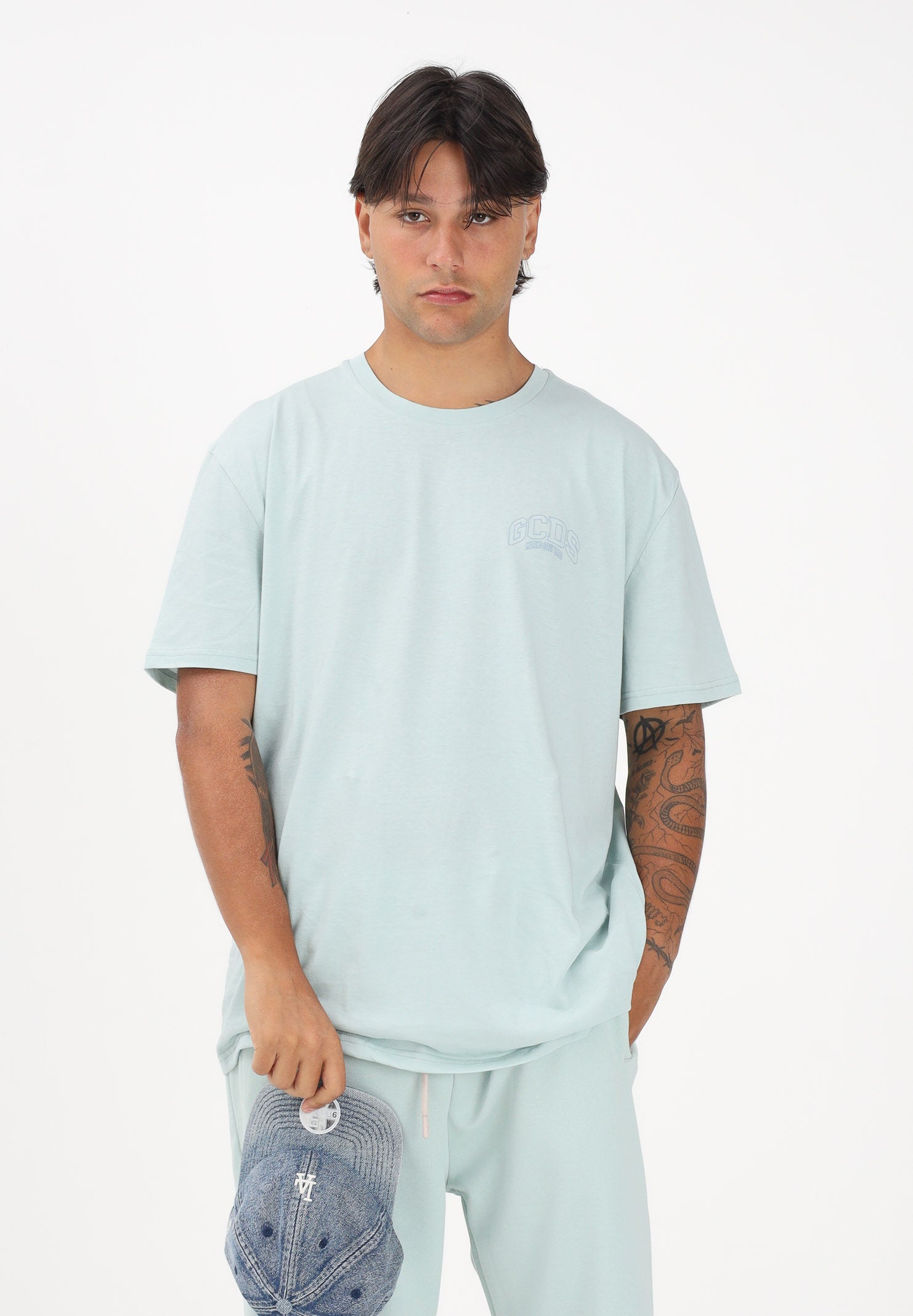 GCDS T-shirt a manica corta verde acqua per uomo e donna con stampa logo C1MEQC041J104 818G GCDS 