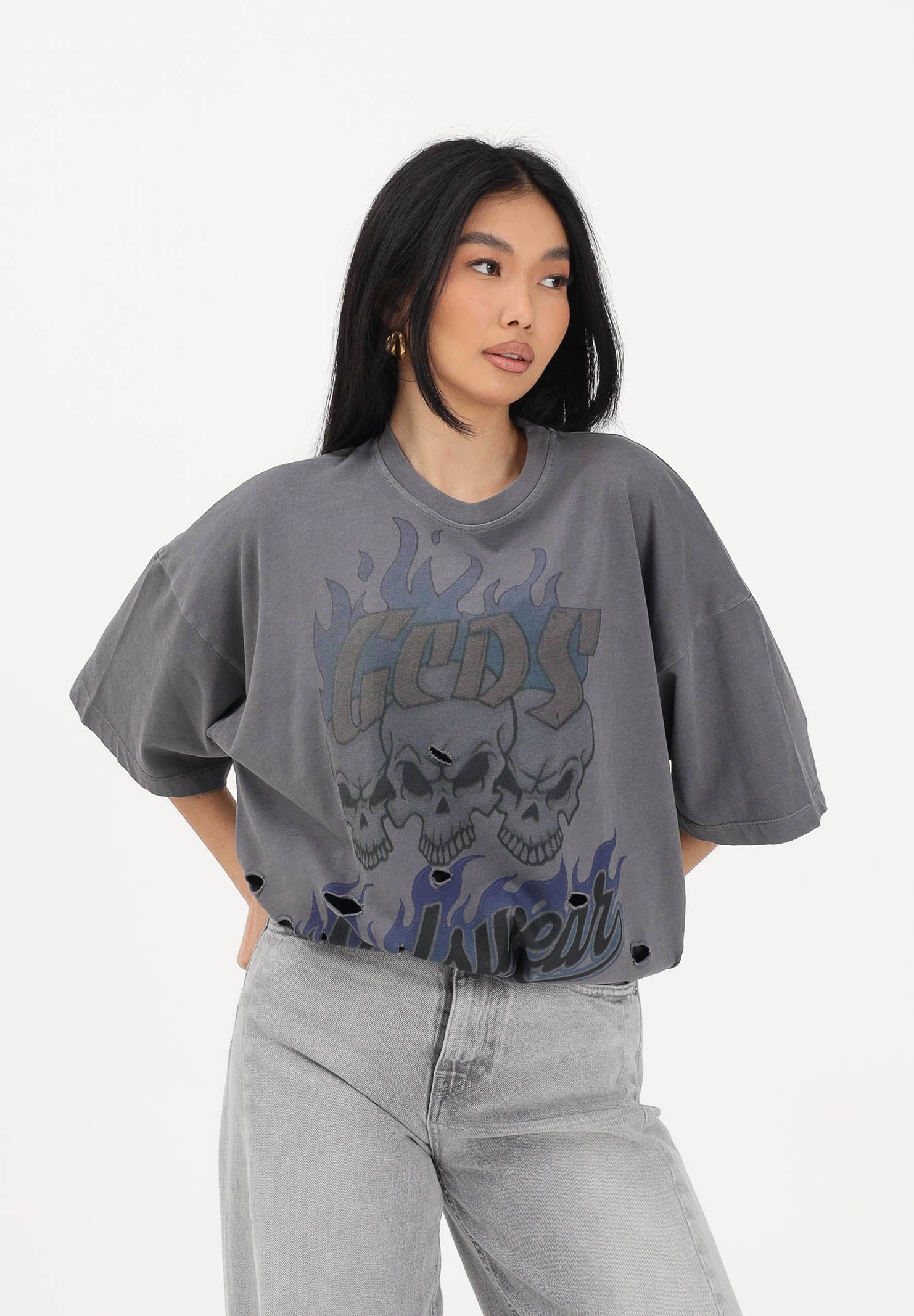 GCDS T-shirt a manica corta grigia per uomo e donna con stampa C1MWQC058J079 968L GCDS 