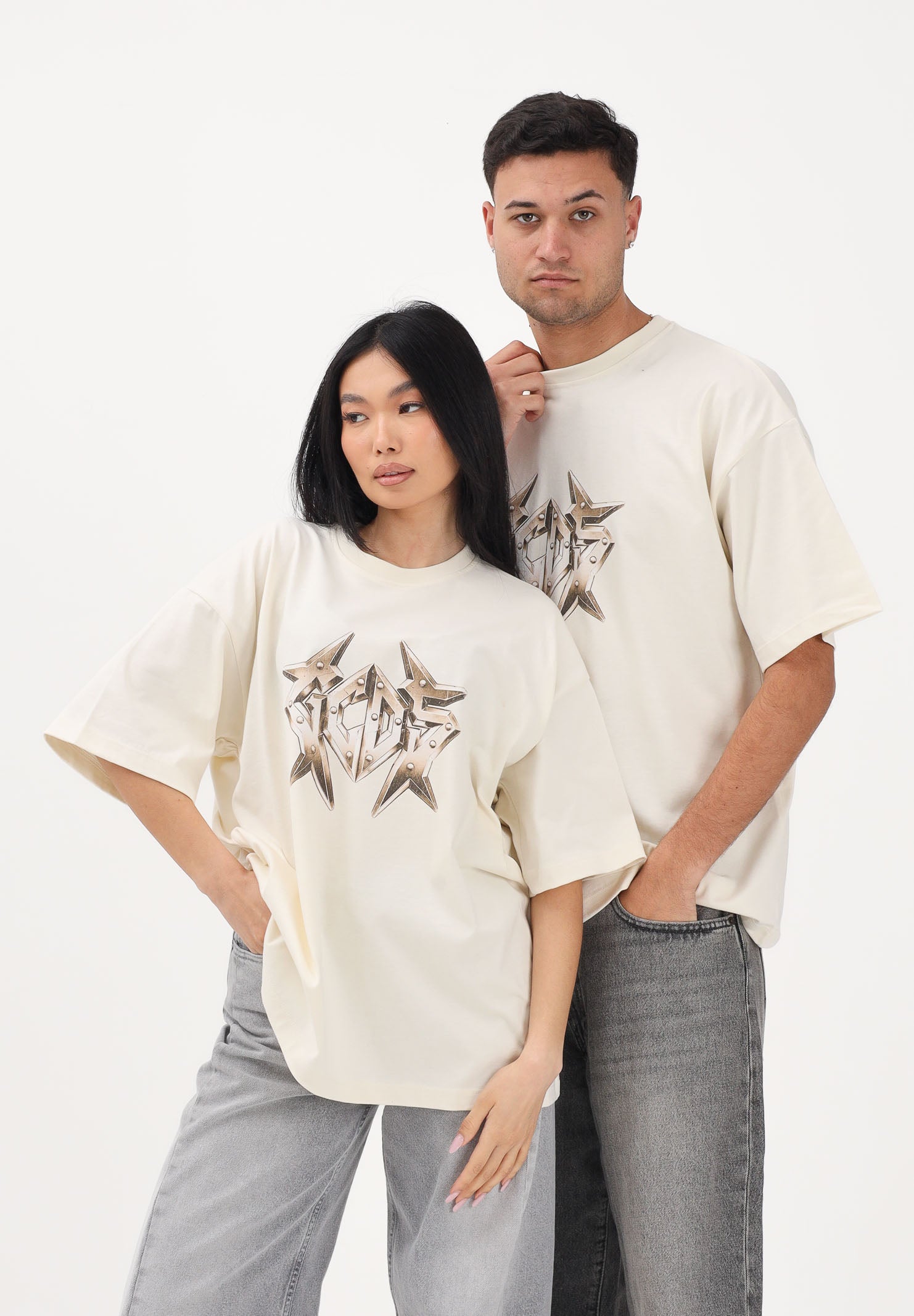 GCDS T-shirt a manica corta beige per uomo e donna con stampa logo C1MWQC061J079 320T GCDS 