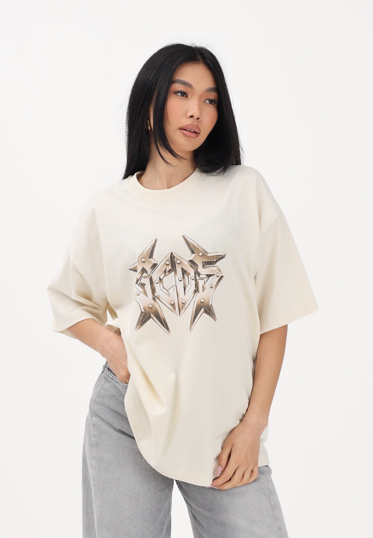 GCDS T-shirt a manica corta beige per uomo e donna con stampa logo C1MWQC061J079 320T GCDS 