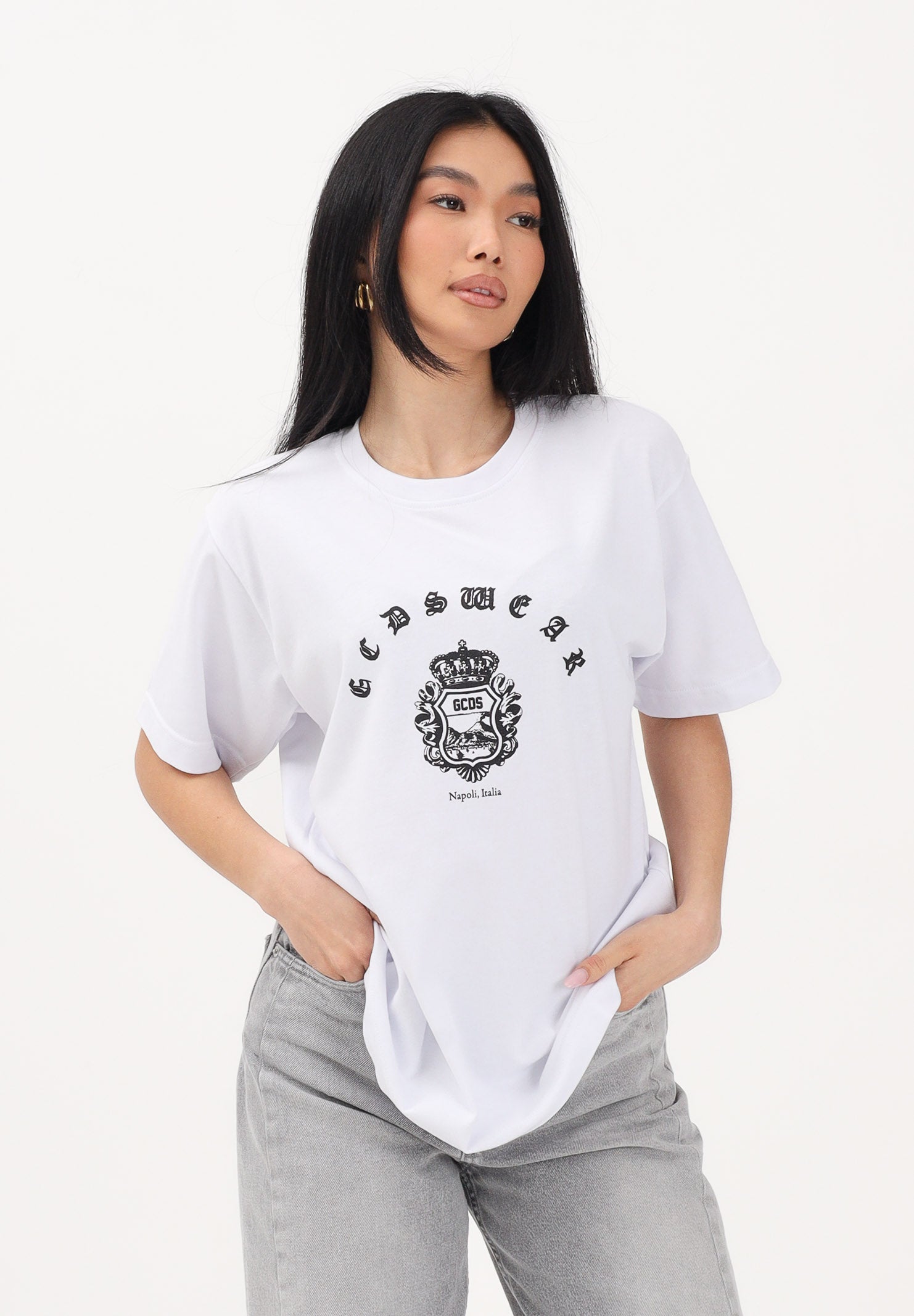 GCDS T-shirt a manica corta bianca per uomo e donna con stampa C1MWQC065J079 100A GCDS 
