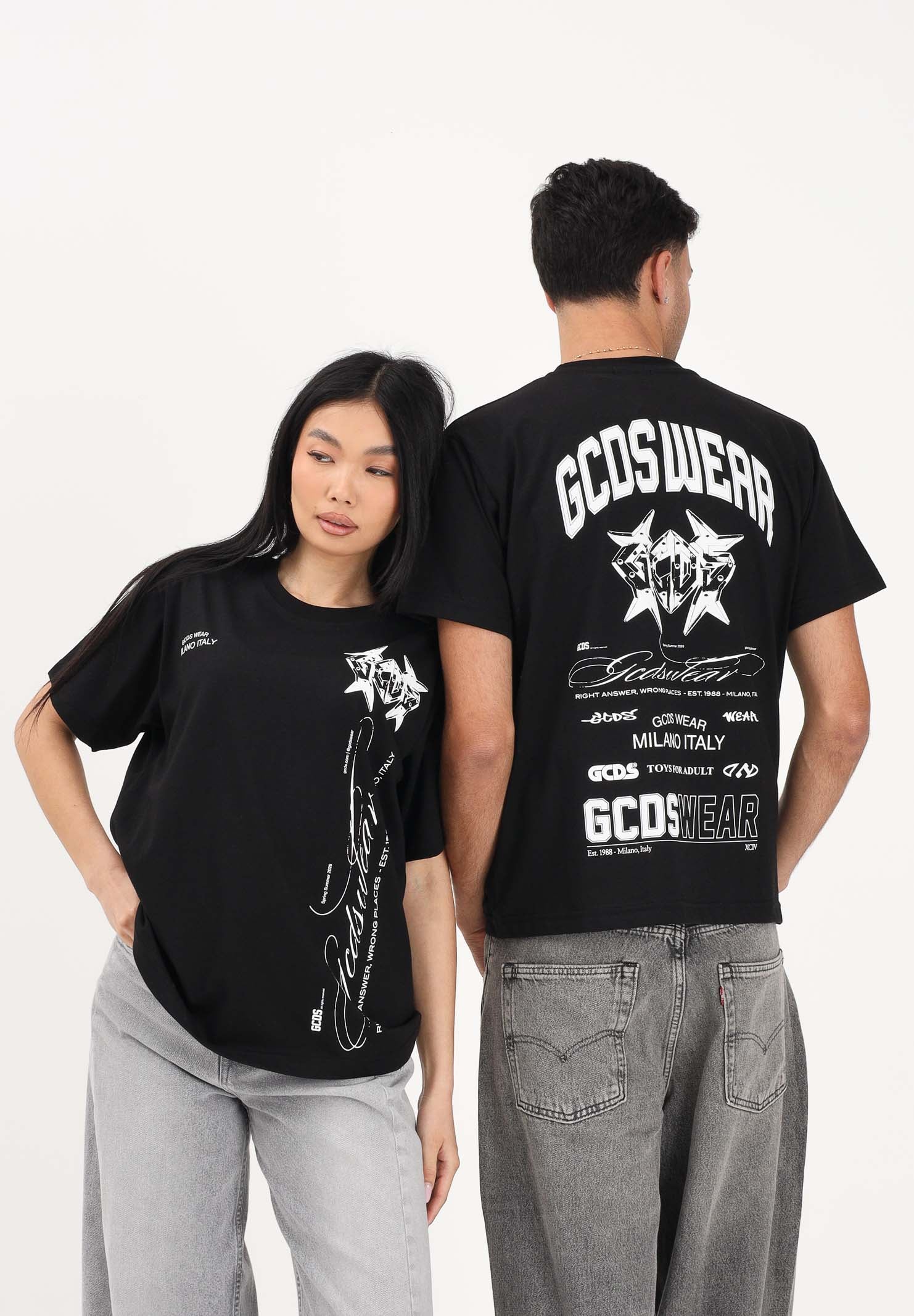 GCDS T-shirt a manica corta nera per uomo e donna con stampa C1MWQC070J079 999A GCDS 