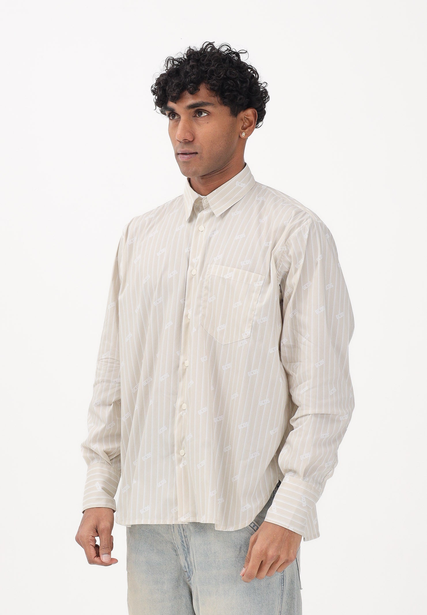 GCDS Camicia a manica lunga beige da uomo con logo C1MWQH166B061 320U GCDS 