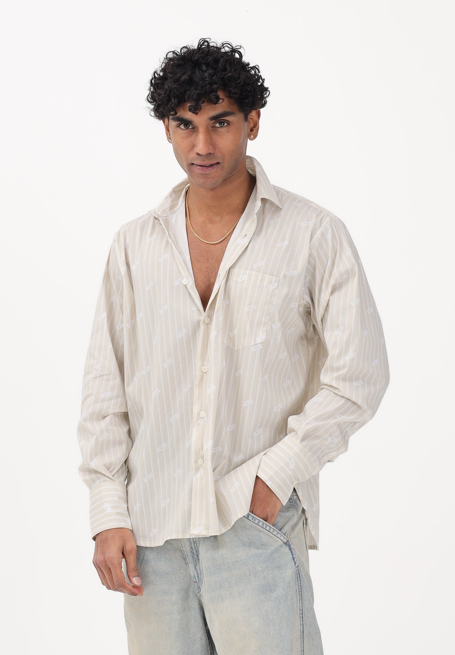 GCDS Camicia a manica lunga beige da uomo con logo C1MWQH166B061 320U GCDS 