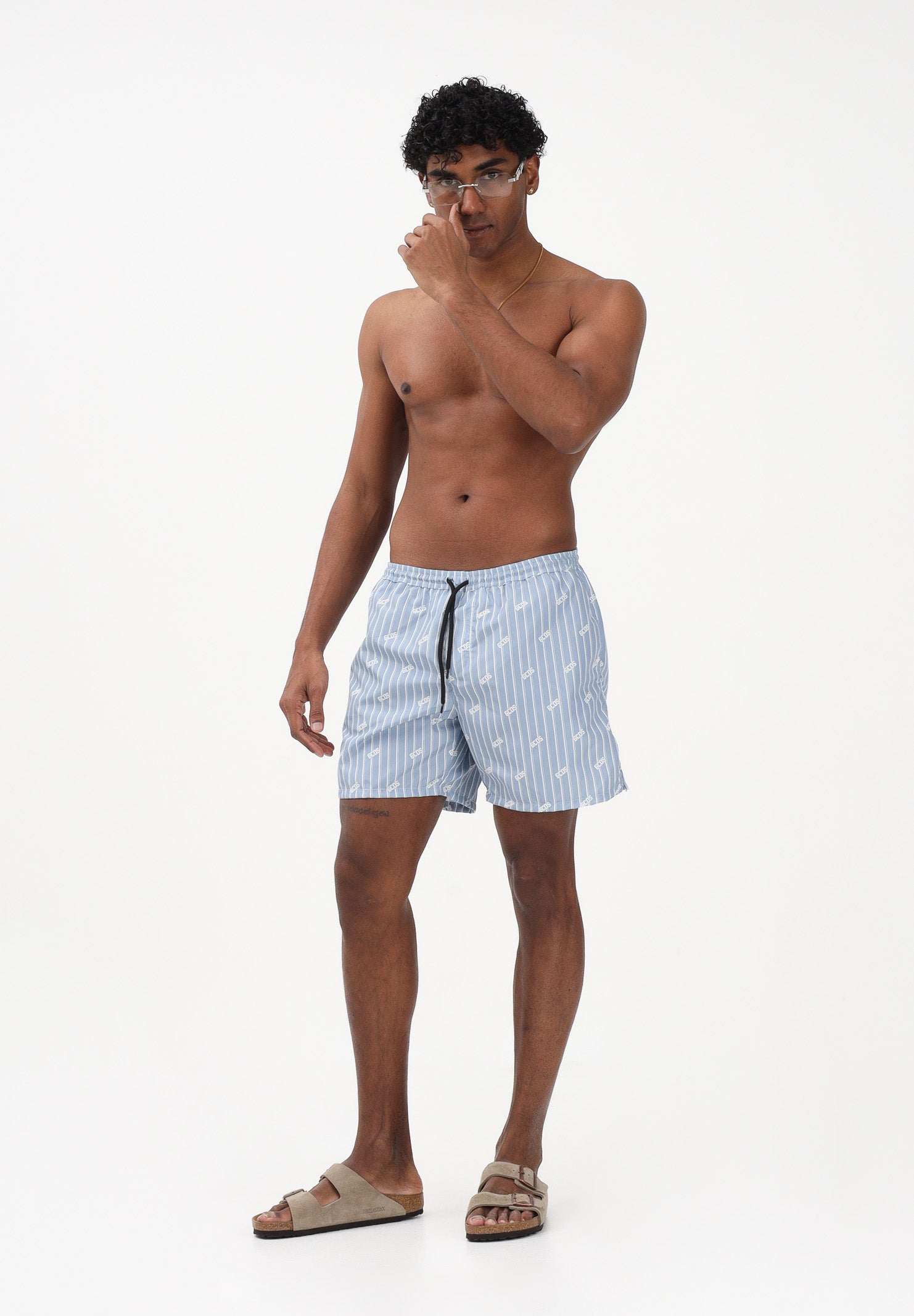 GCDS Shorts mare celeste da uomo con stampa rigata e logo all-over C1MWQS252T015 733A GCDS 