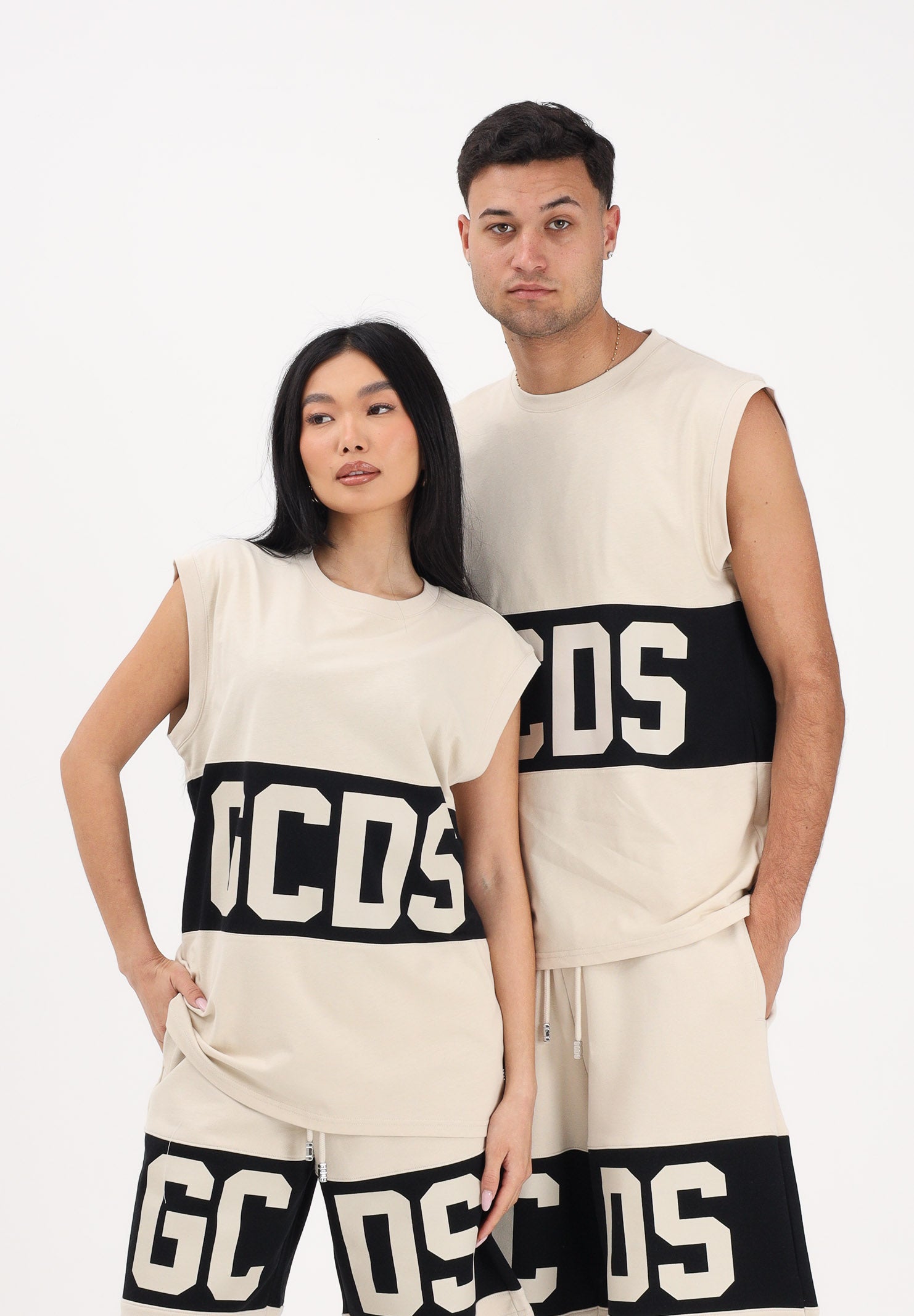 GCDS Canotta beige per uomo e donna con stampa logo Z0MLQC104J101 316B GCDS 